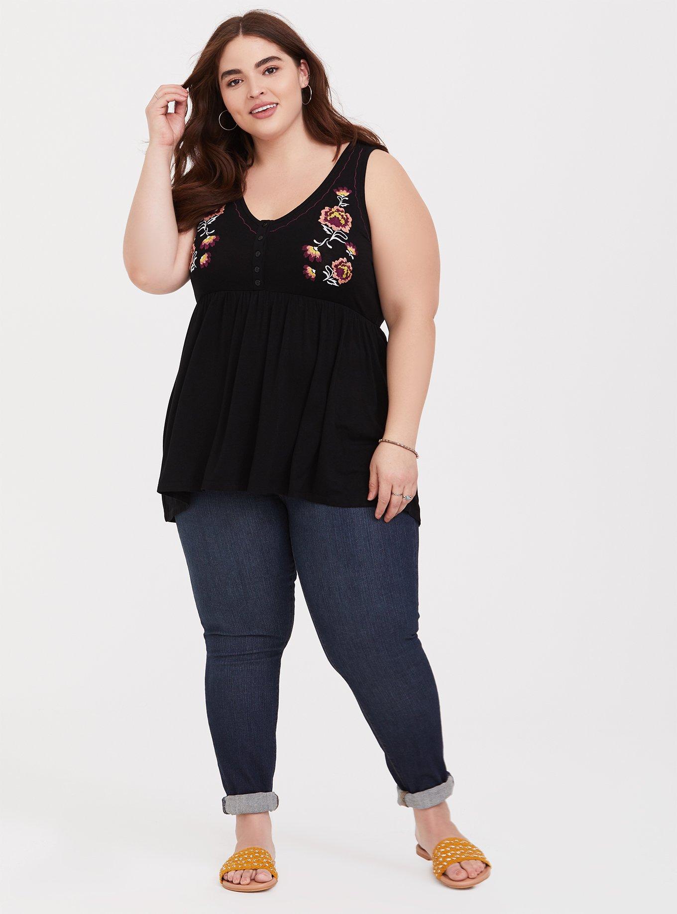 Plus Size Black Floral Embroidered Babydoll Tank, DEEP BLACK, alternate