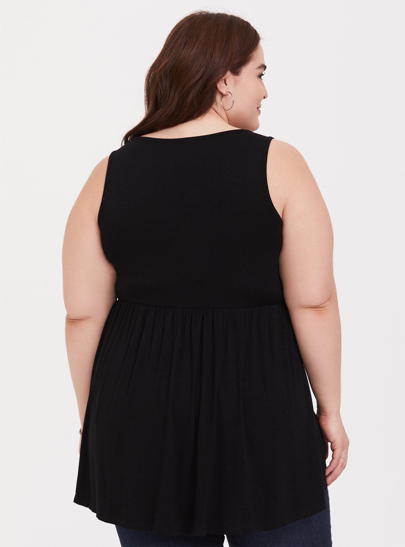 Plus Size Black Floral Embroidered Babydoll Tank, DEEP BLACK, alternate