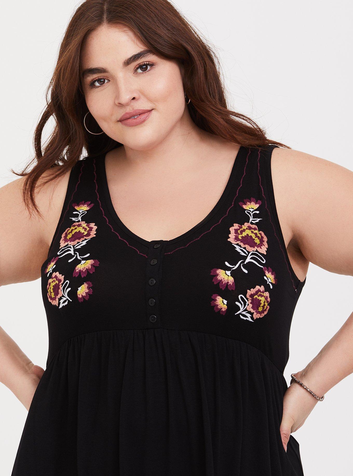 Plus Size Black Floral Embroidered Babydoll Tank, DEEP BLACK, alternate