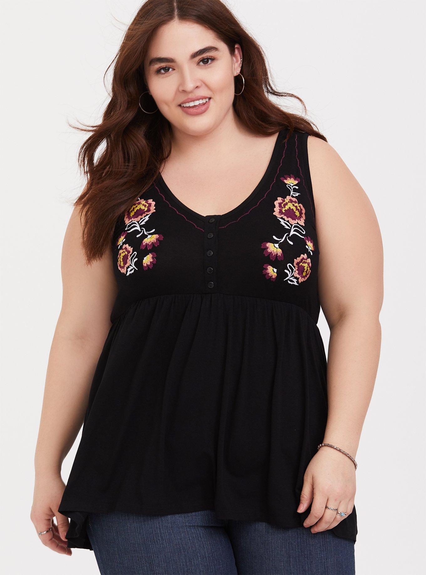 Plus Size - Black Floral Embroidered Babydoll Tank - Torrid