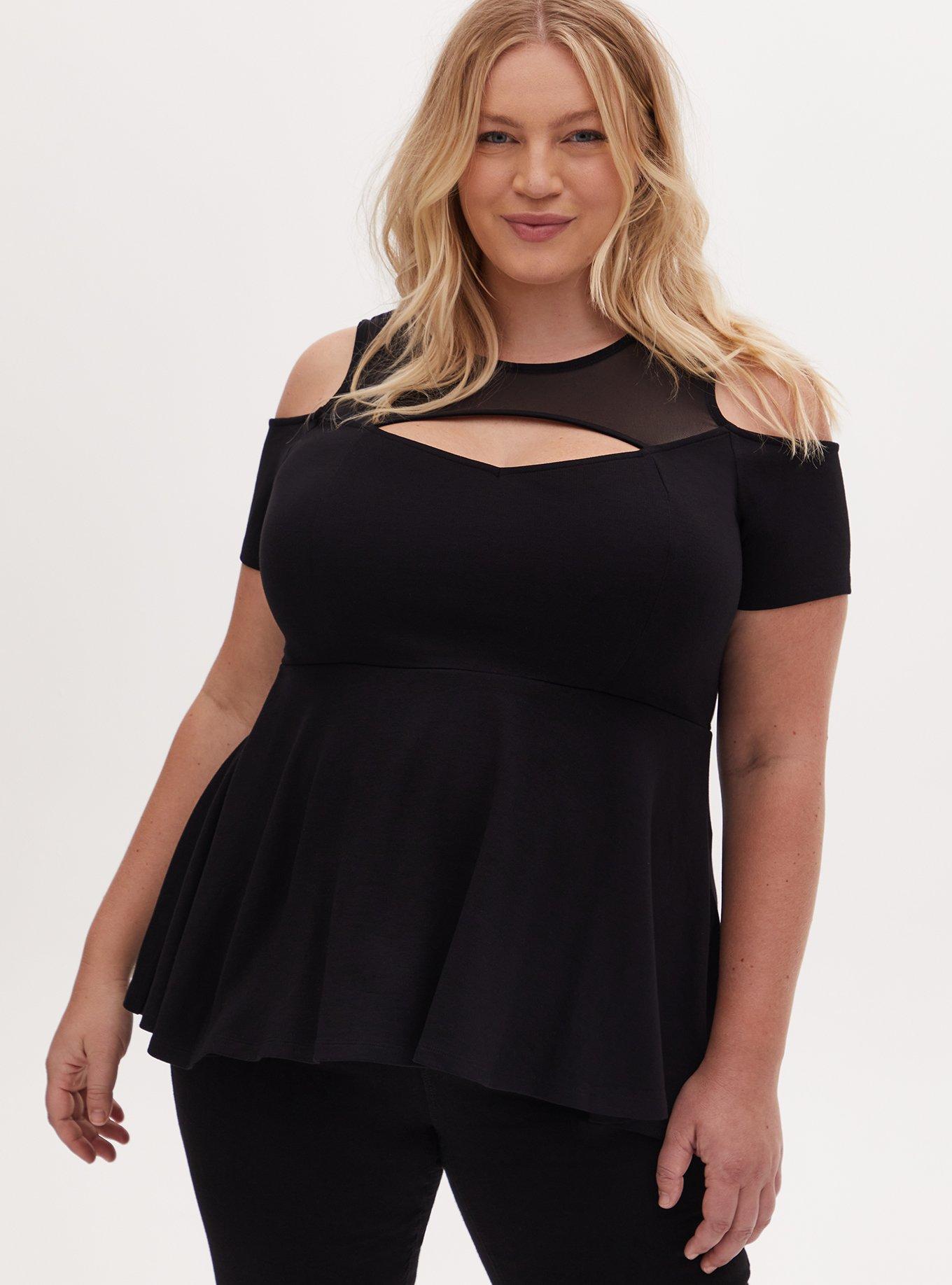 Plus Size - Black Mesh Yoke Peplum Top - Torrid