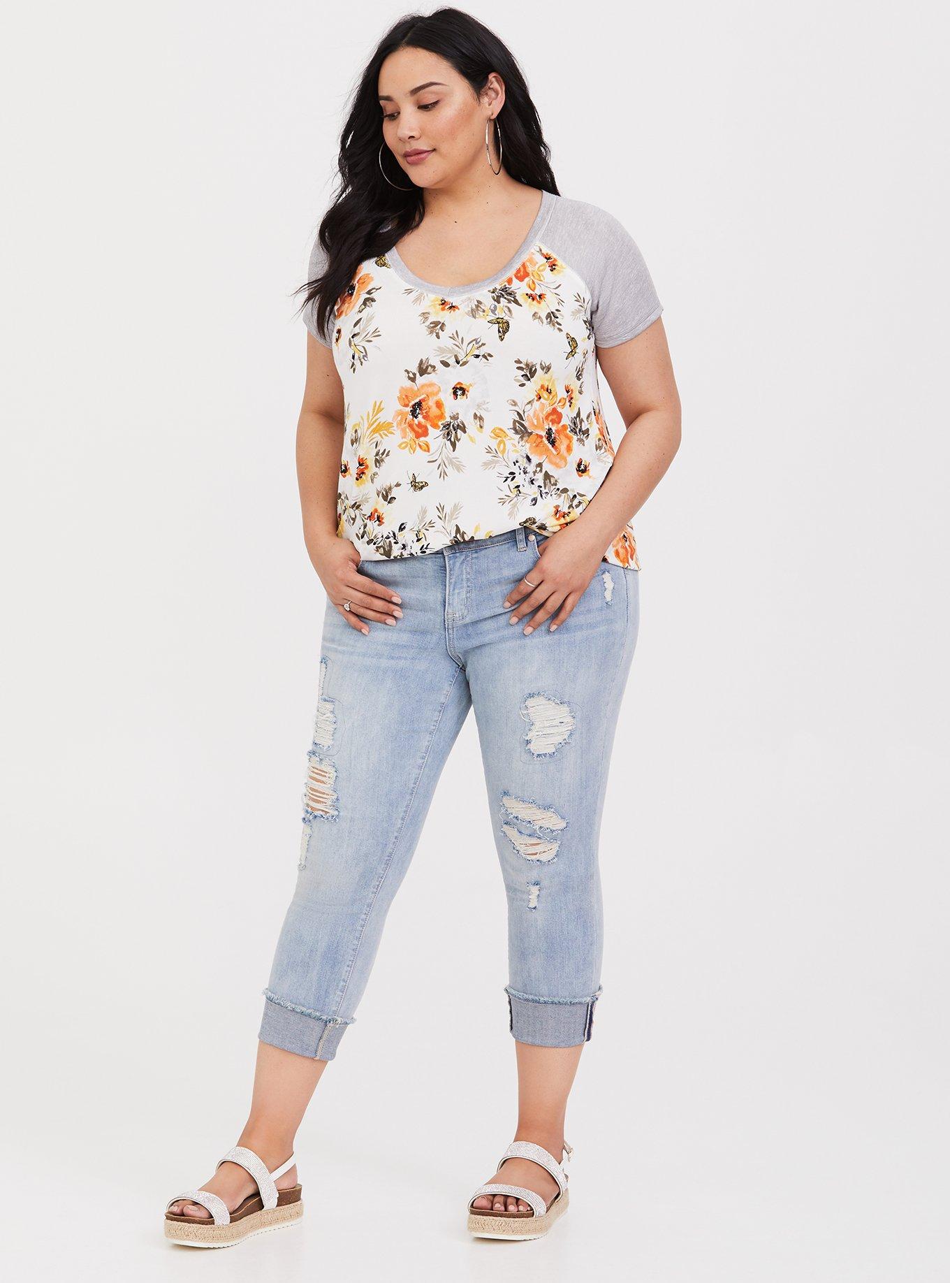 Plus Size White Floral Classic Fit Hacci Raglan Tee, FLORAL WHITE, alternate