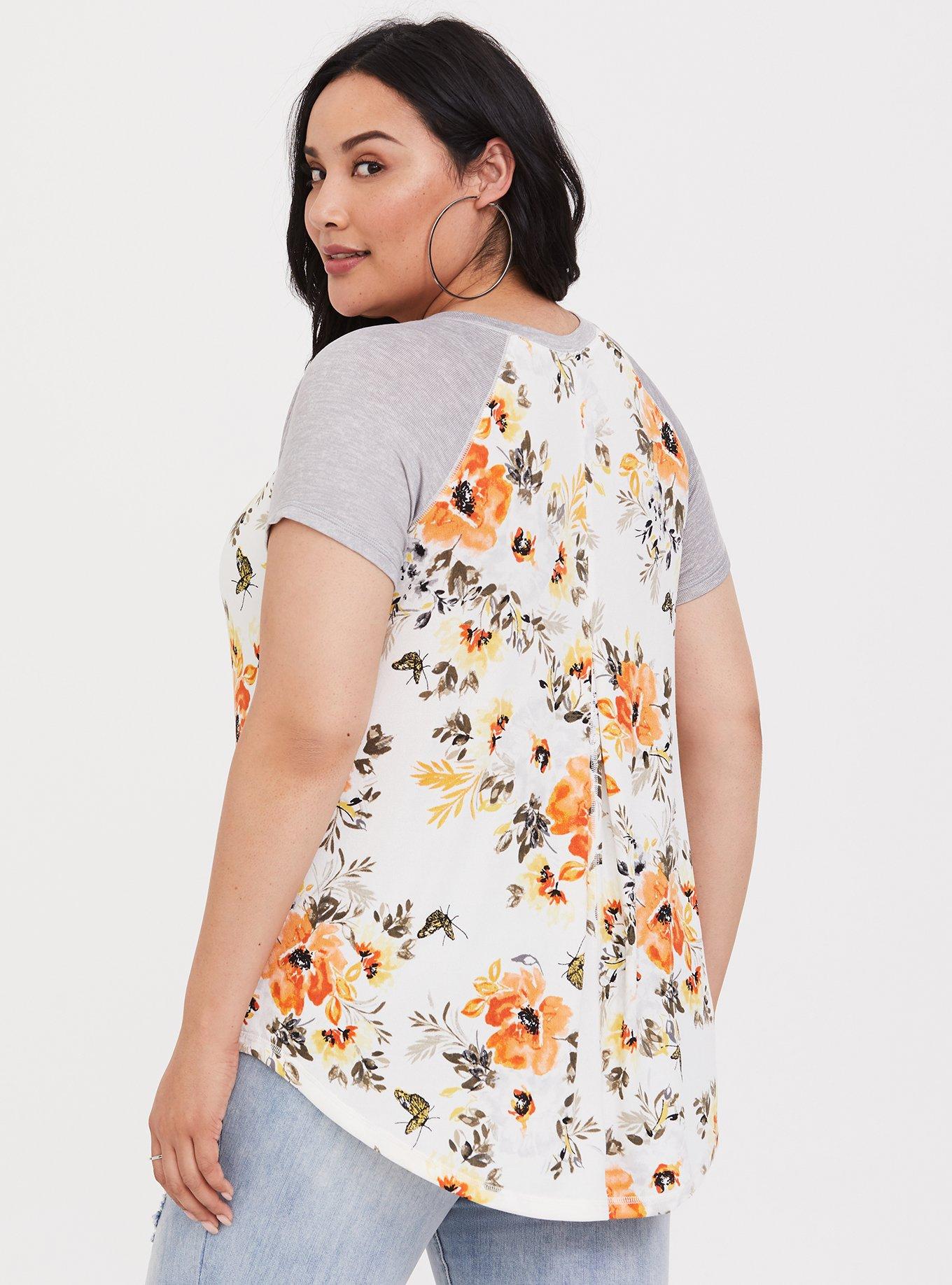 Plus Size White Floral Classic Fit Hacci Raglan Tee, FLORAL WHITE, alternate