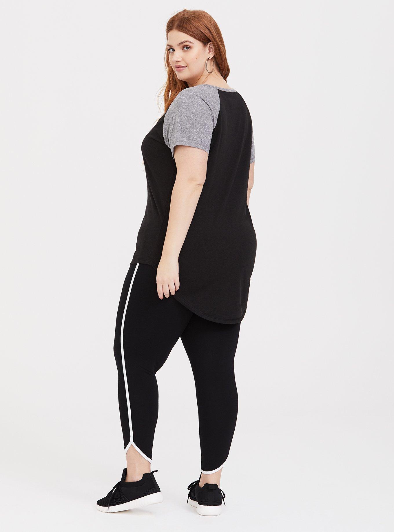 Plus Size Black Piped Dolphin Hem Crop Legging, BLACK, alternate