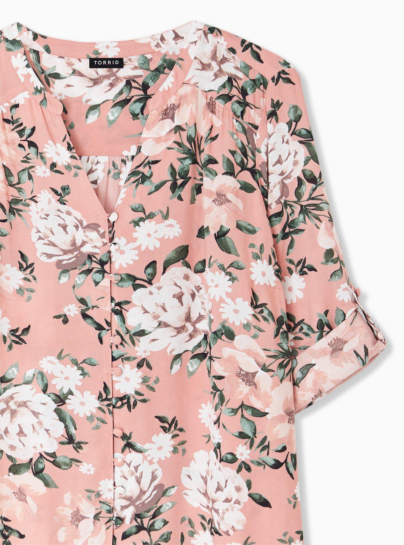Plus Size Harper Challis Button-Front 3/4 Sleeve Blouse, FLORAL TAUPE, alternate