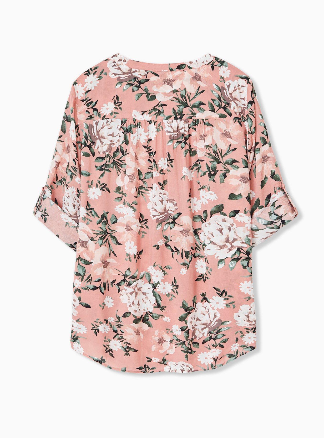 Plus Size Harper Challis Button-Front 3/4 Sleeve Blouse, FLORAL TAUPE, alternate
