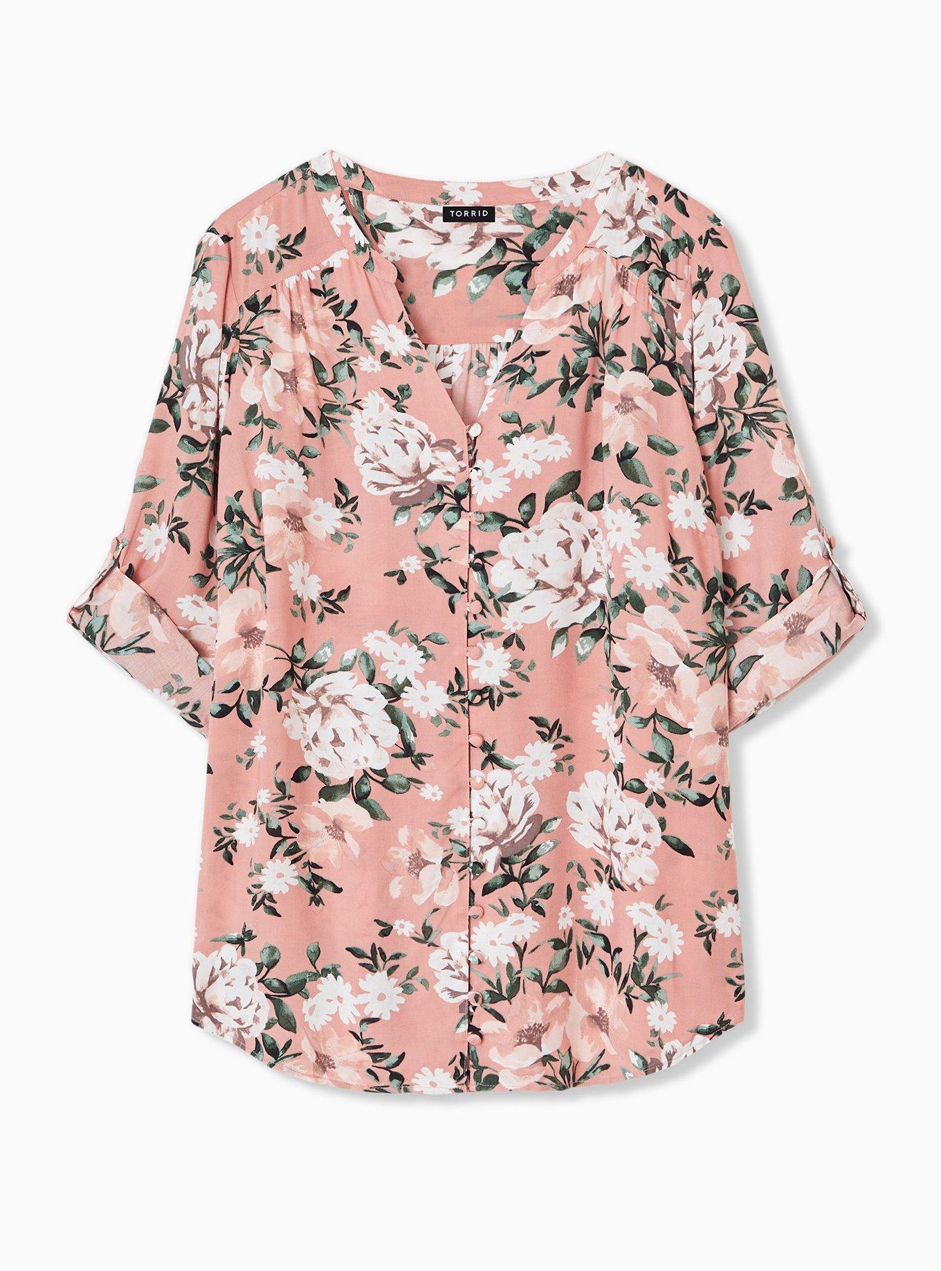 Plus Size Harper Challis Button-Front 3/4 Sleeve Blouse, FLORAL TAUPE, hi-res