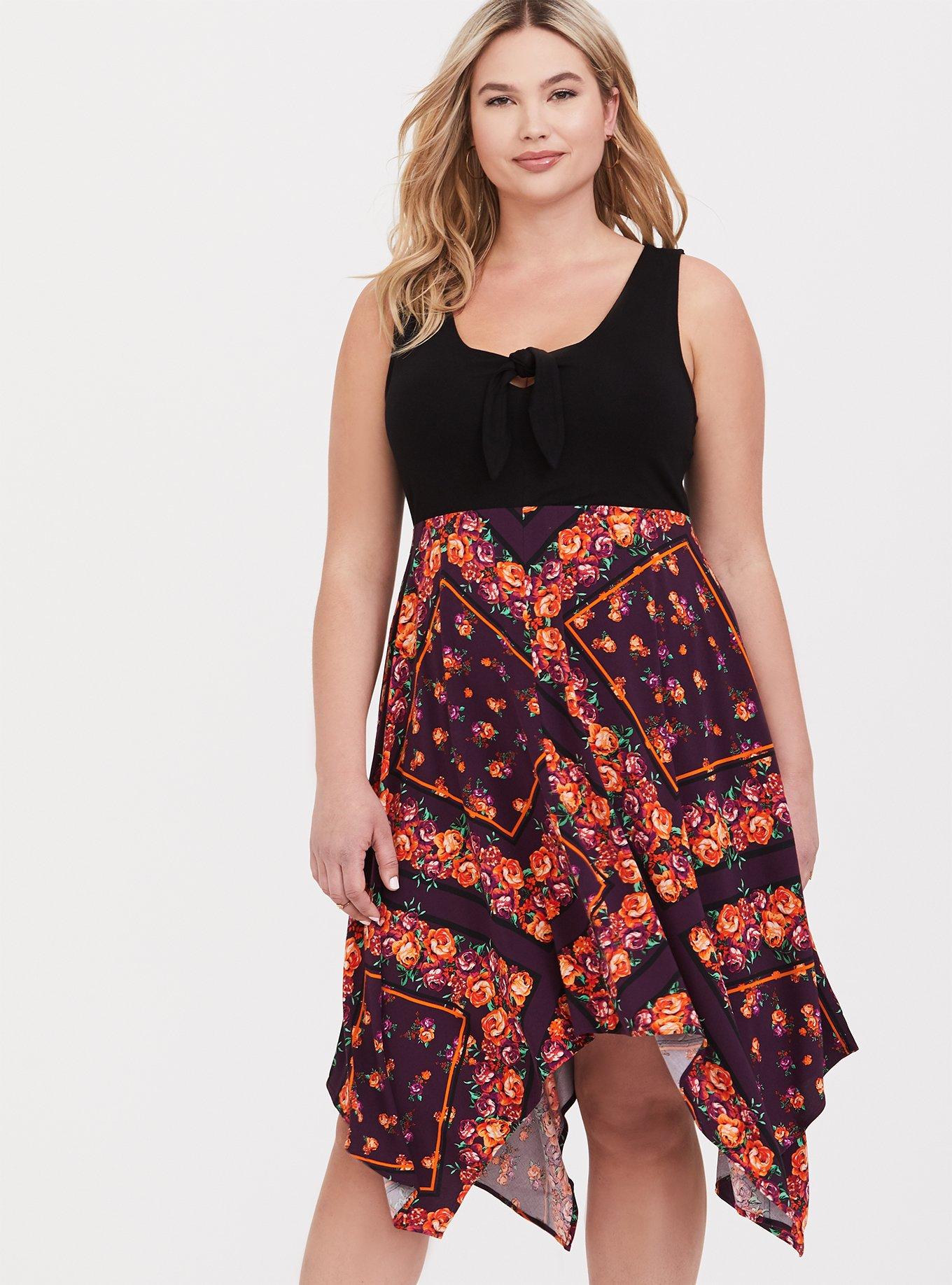 Plus Size Black Scarf Print Knit to Woven Dress, NONEC, alternate