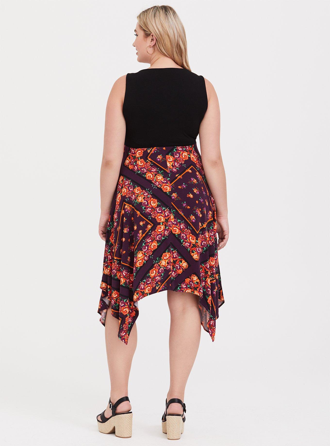 Plus Size Black Scarf Print Knit to Woven Dress, NONEC, alternate