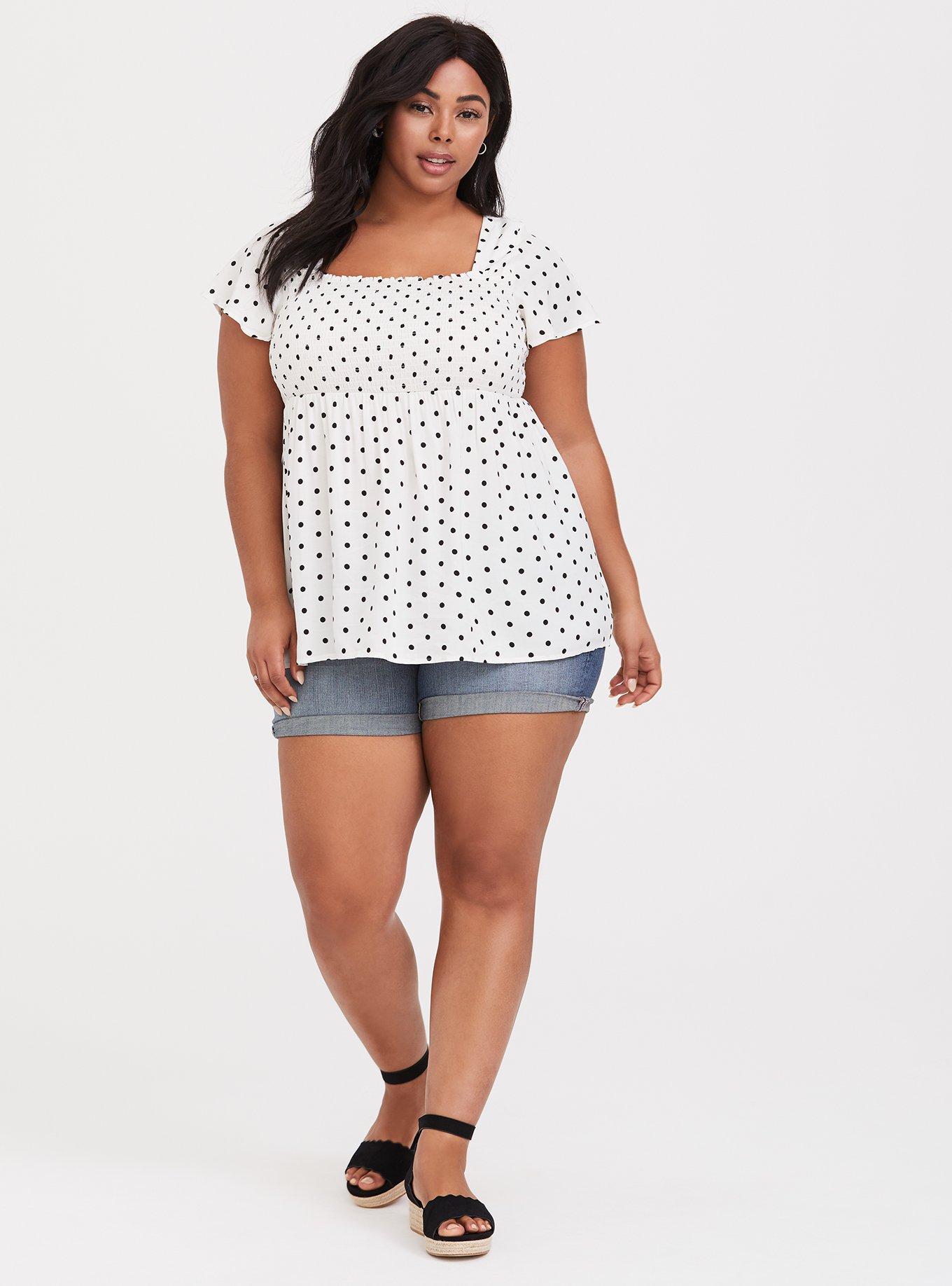 Plus Size - White Polka Dot Challis Smocked Top - Torrid