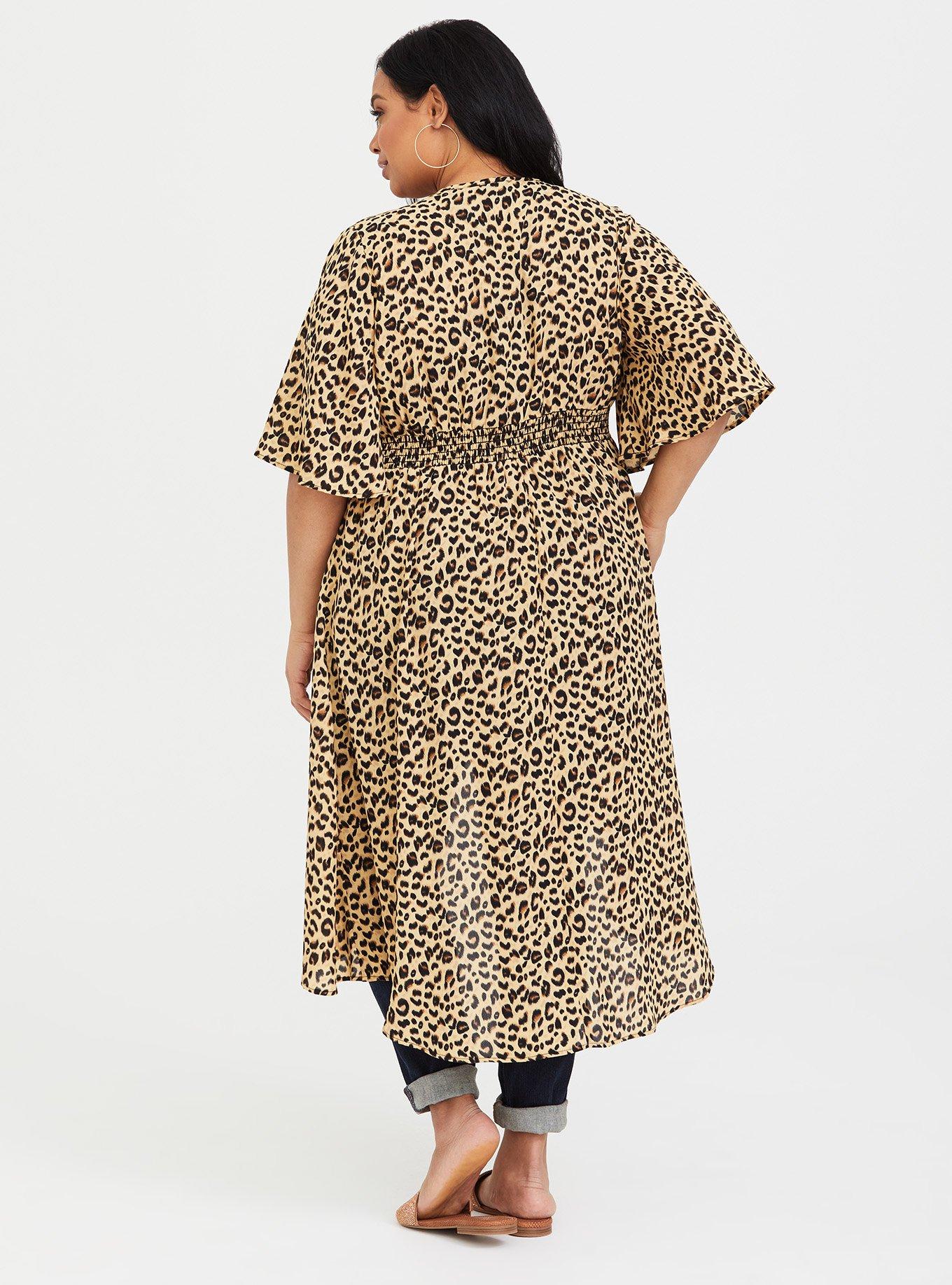 OYOANGLE Plus Size Cheetah Print Kimono - Open Front Cardigan With Asymmetrical Hem Beach Cover Up