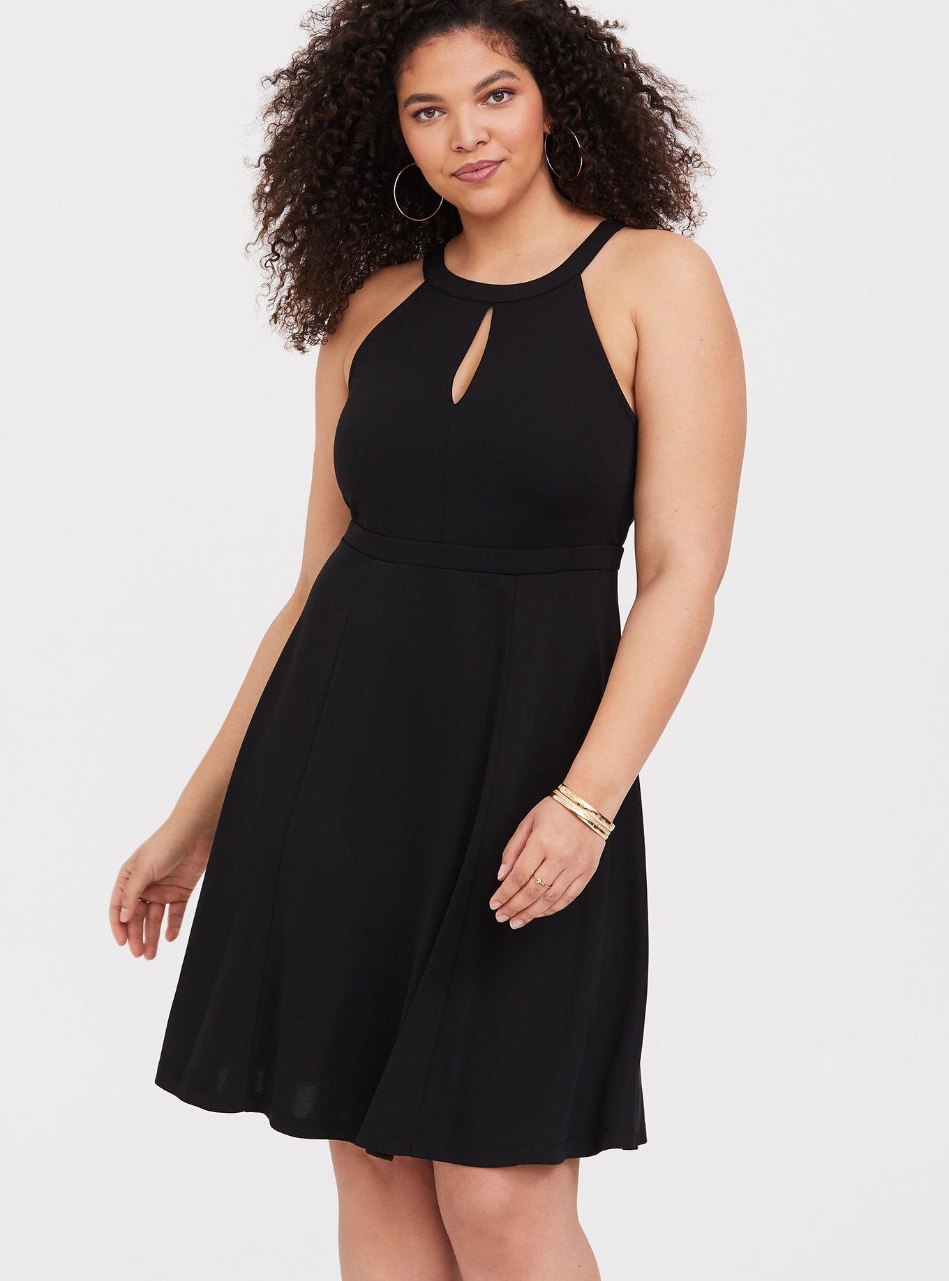 Black Studio Knit Keyhole Skater Dress, DEEP BLACK, hi-res