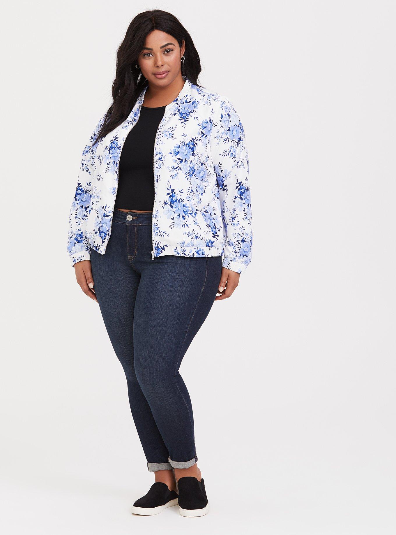 Plus Size White & Blue Floral Nylon Bomber, NONEC, alternate
