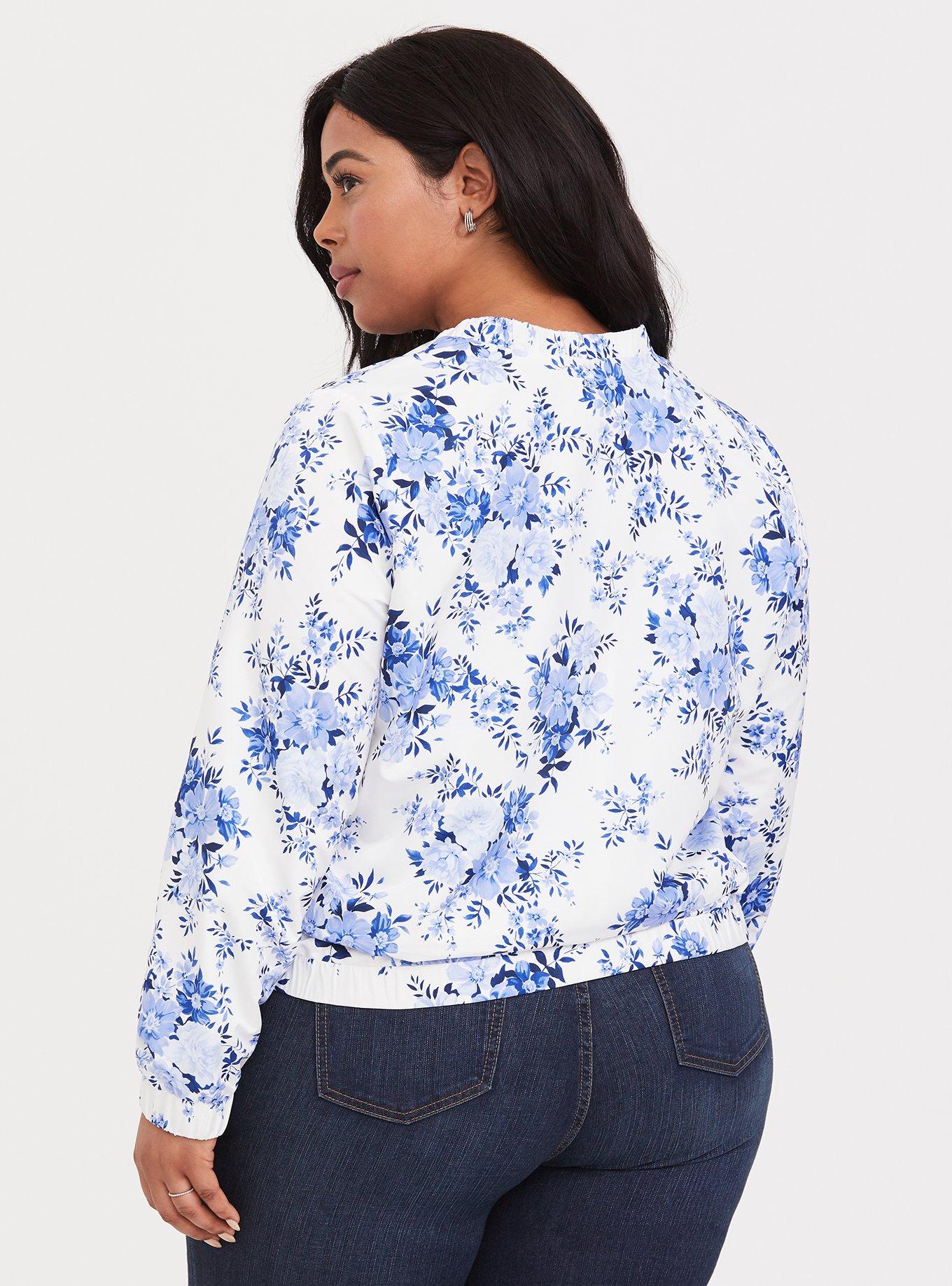 Plus Size White & Blue Floral Nylon Bomber, NONEC, alternate