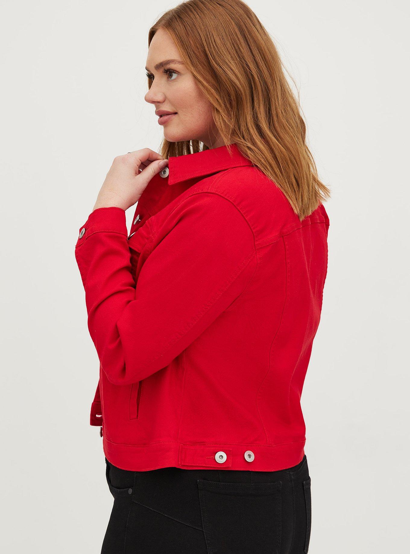 Plus Size - Ruby Red Denim Trucker Jacket - Torrid