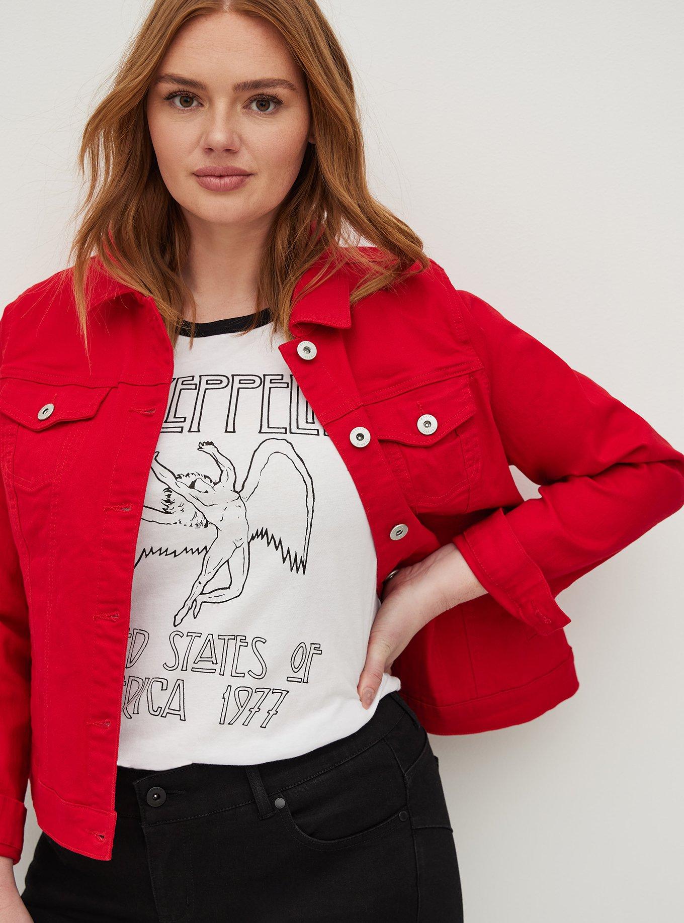 Plus Size - Ruby Red Denim Trucker Jacket - Torrid