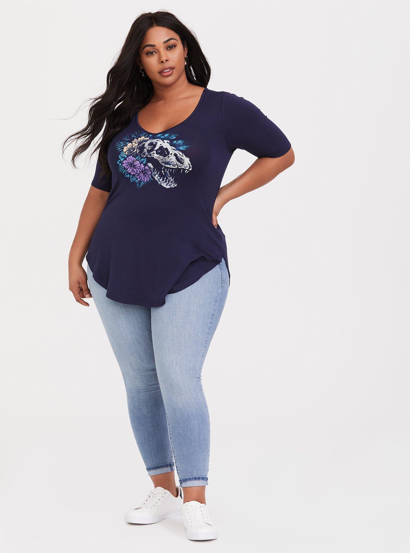 Plus Size Super Soft Navy Dinosaur Slim Fit Tunic Tee, NAVY PRINT, alternate
