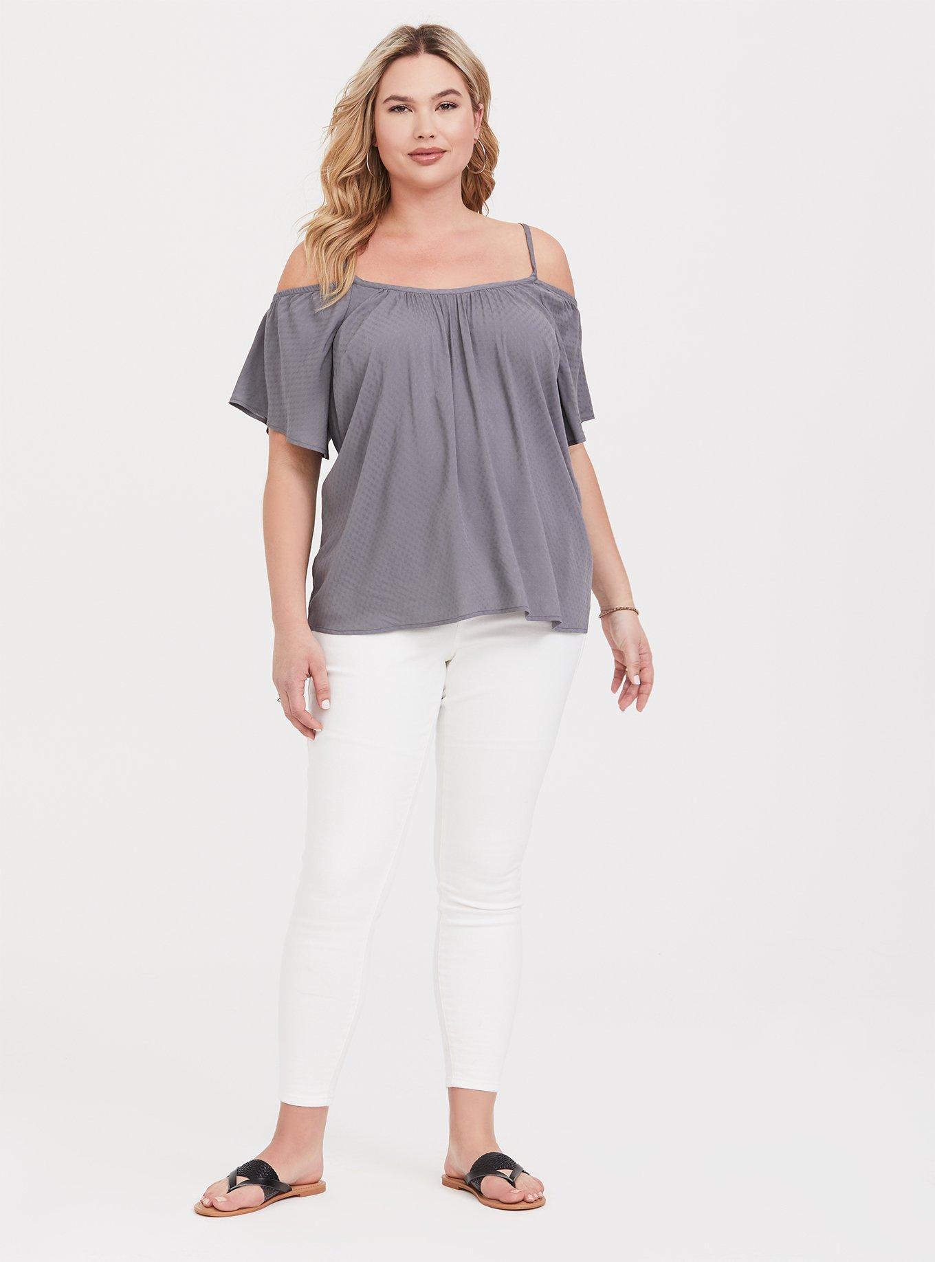 Plus Size Textured Woven Cold Shoulder Top, GREY, alternate