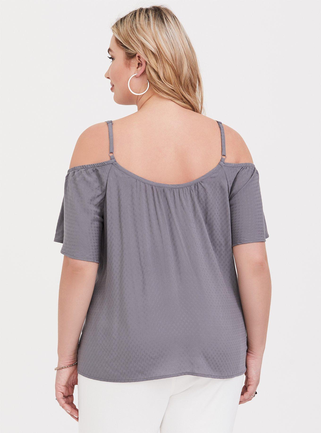 Plus Size Textured Woven Cold Shoulder Top, GREY, alternate