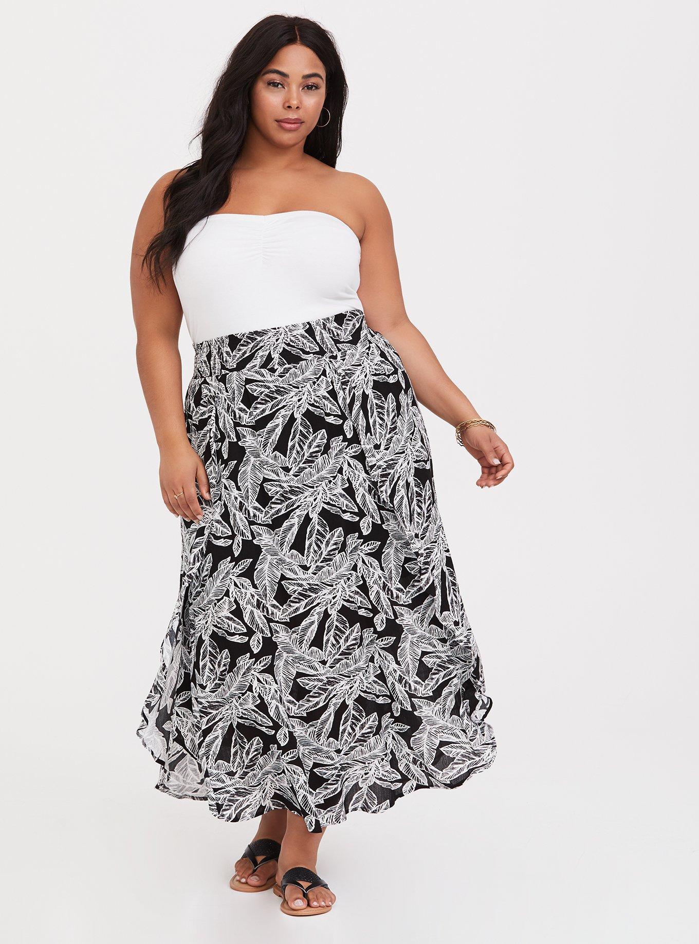 Plus Size Black & White Leaf Gauze Slit Maxi Skirt, PALM LEAVES BLACK, alternate