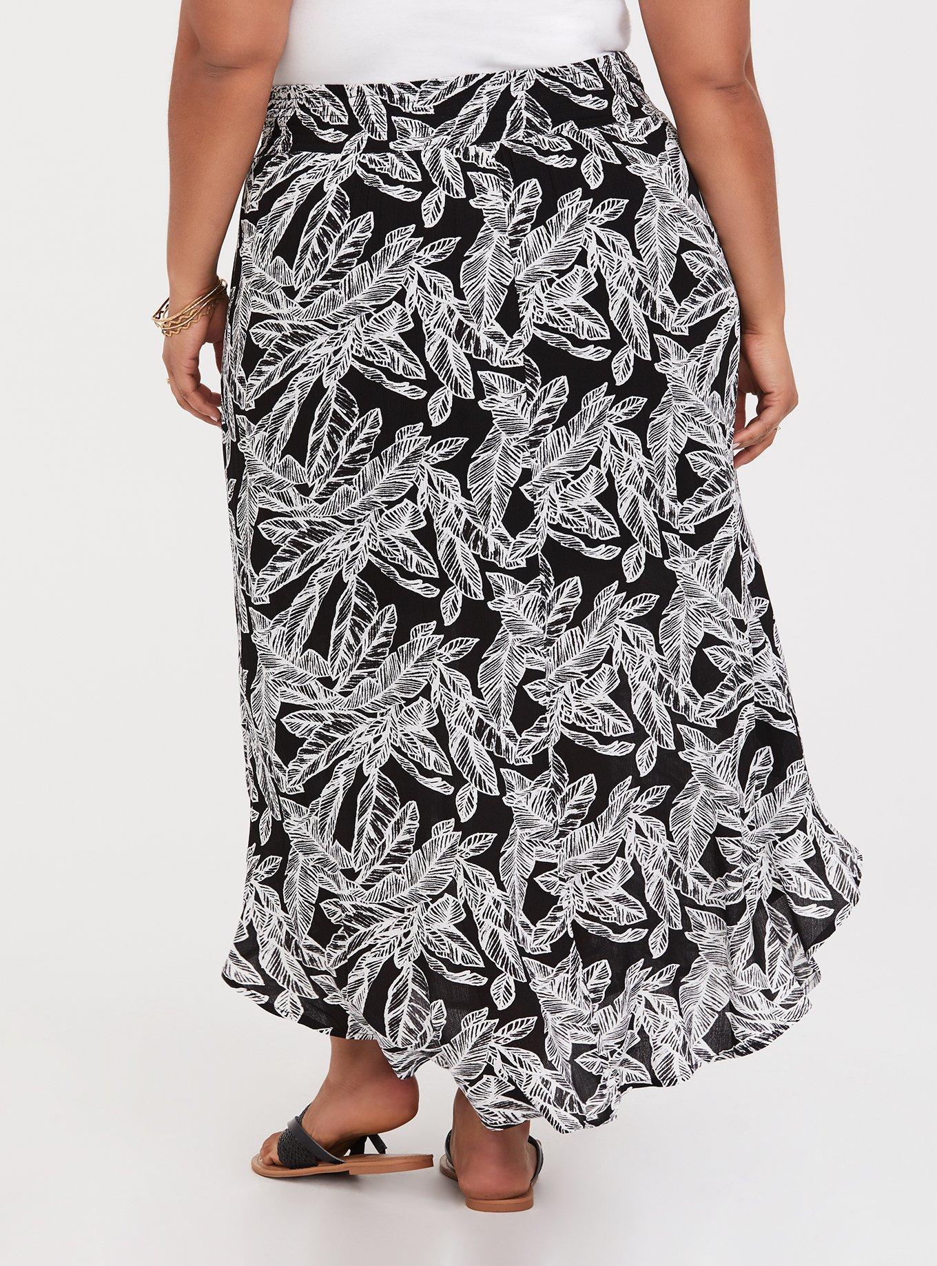 Plus Size Black & White Leaf Gauze Slit Maxi Skirt, PALM LEAVES BLACK, alternate
