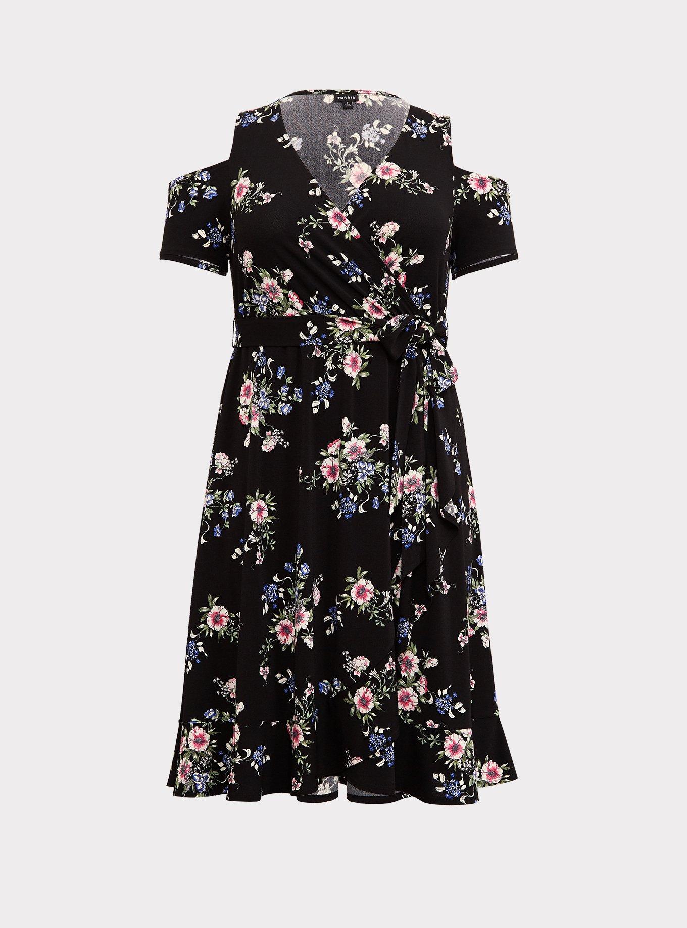 Plus Size - Black Floral Cold Shoulder Wrap Dress - Torrid