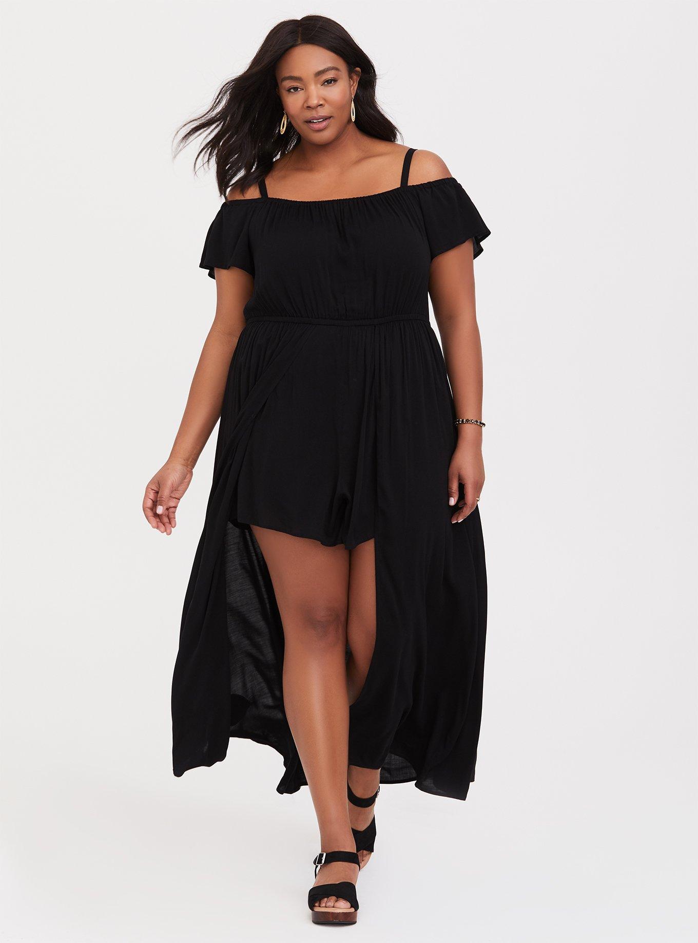 Plus Size Black Challis Cold Shoulder Walk Through Romper Torrid