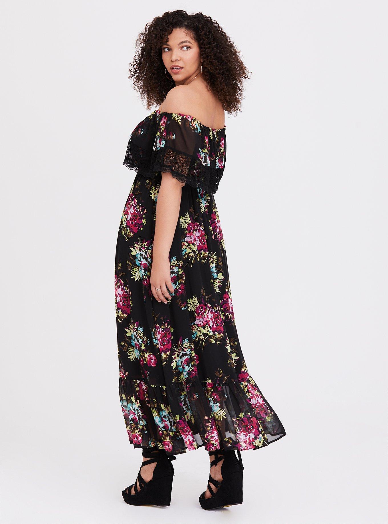 Plus Size Black Floral Print Cold Shoulder Maxi Dress