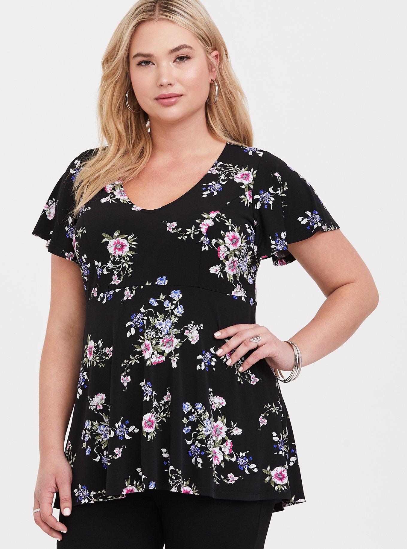 Plus Size - Black Floral Studio Knit Babydoll Top - Torrid