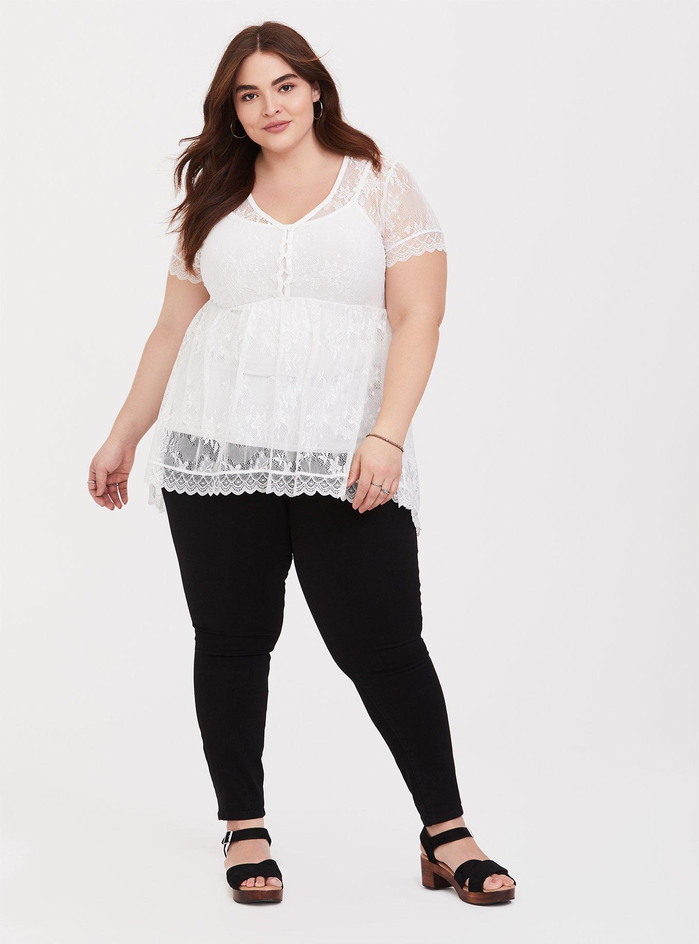 Plus Size - Sheer Lace V-Neck Babydoll Top - Torrid