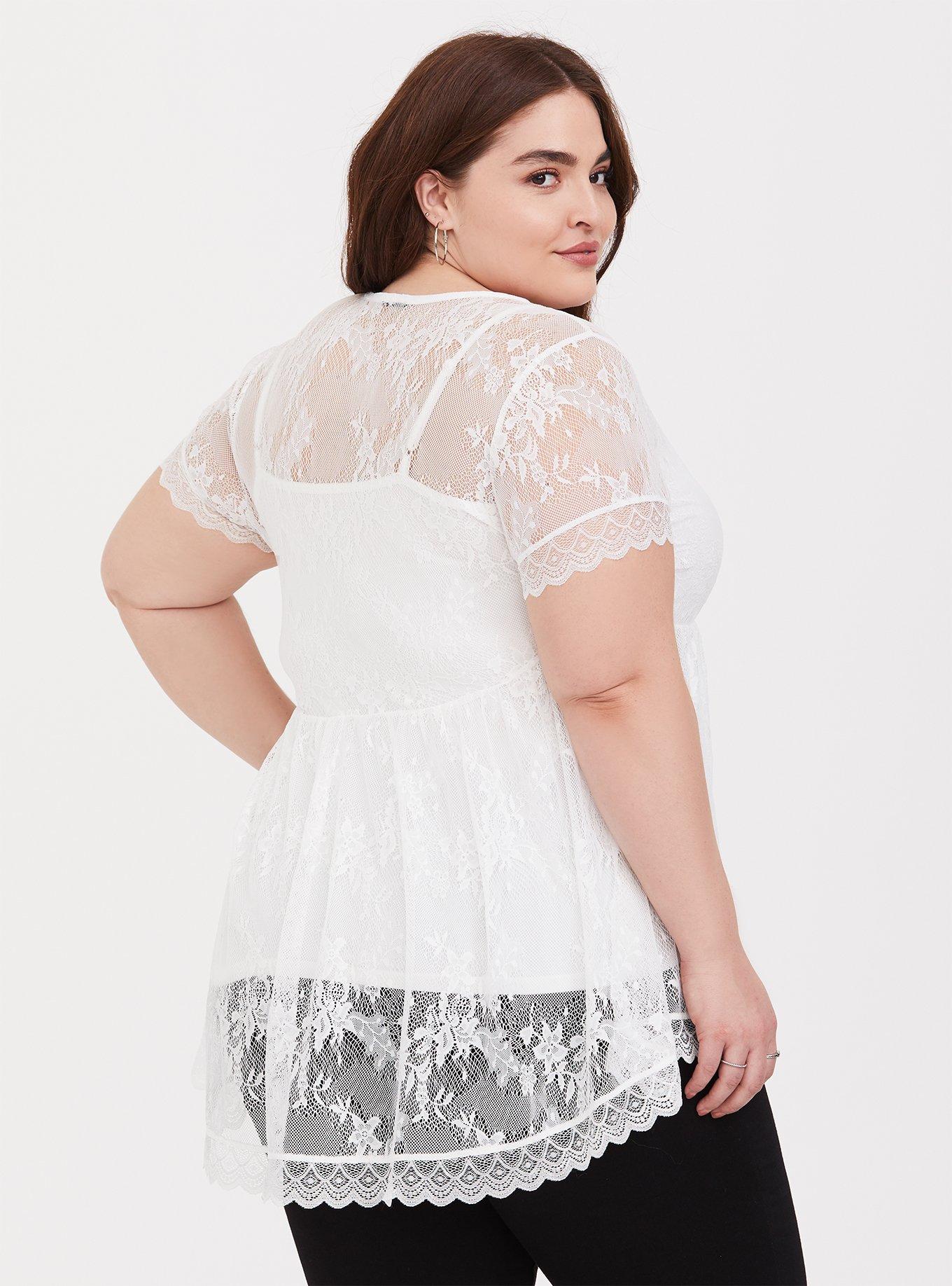 Plus Size Sheer Lace V-Neck Babydoll Top, CLOUD DANCER, alternate