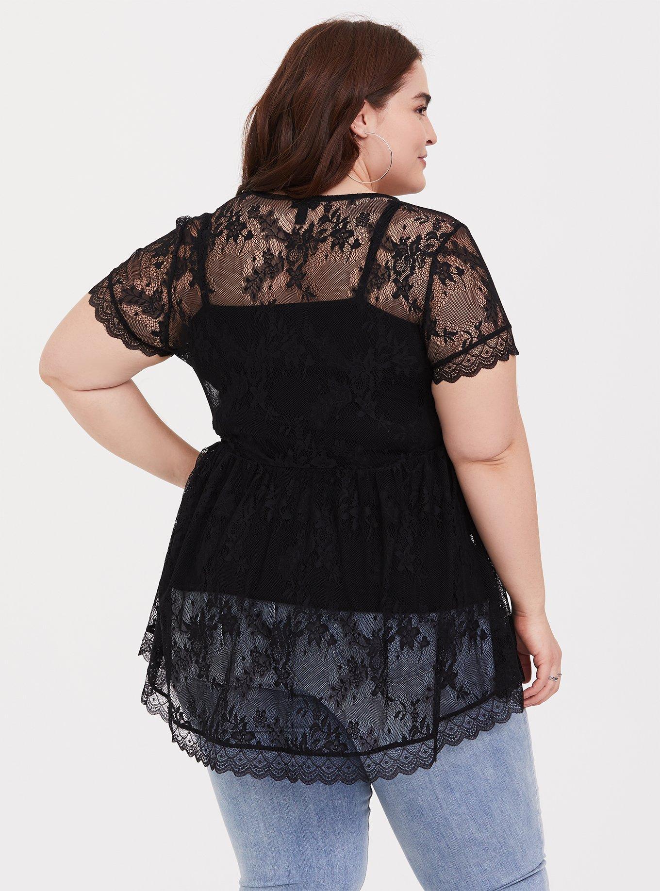 Torrid black blouse with key hole front and back and black lace