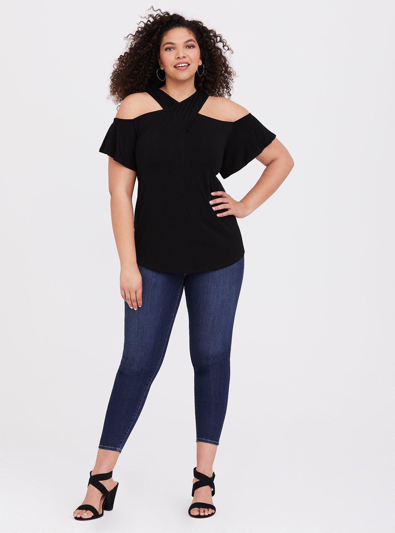 Super Soft Cold Shoulder Halter Top, DEEP BLACK, alternate