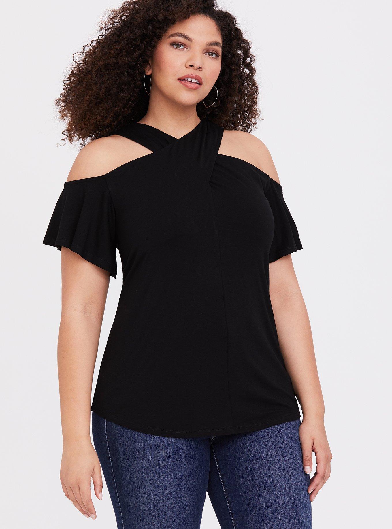 Super Soft Cold Shoulder Halter Top, DEEP BLACK, hi-res