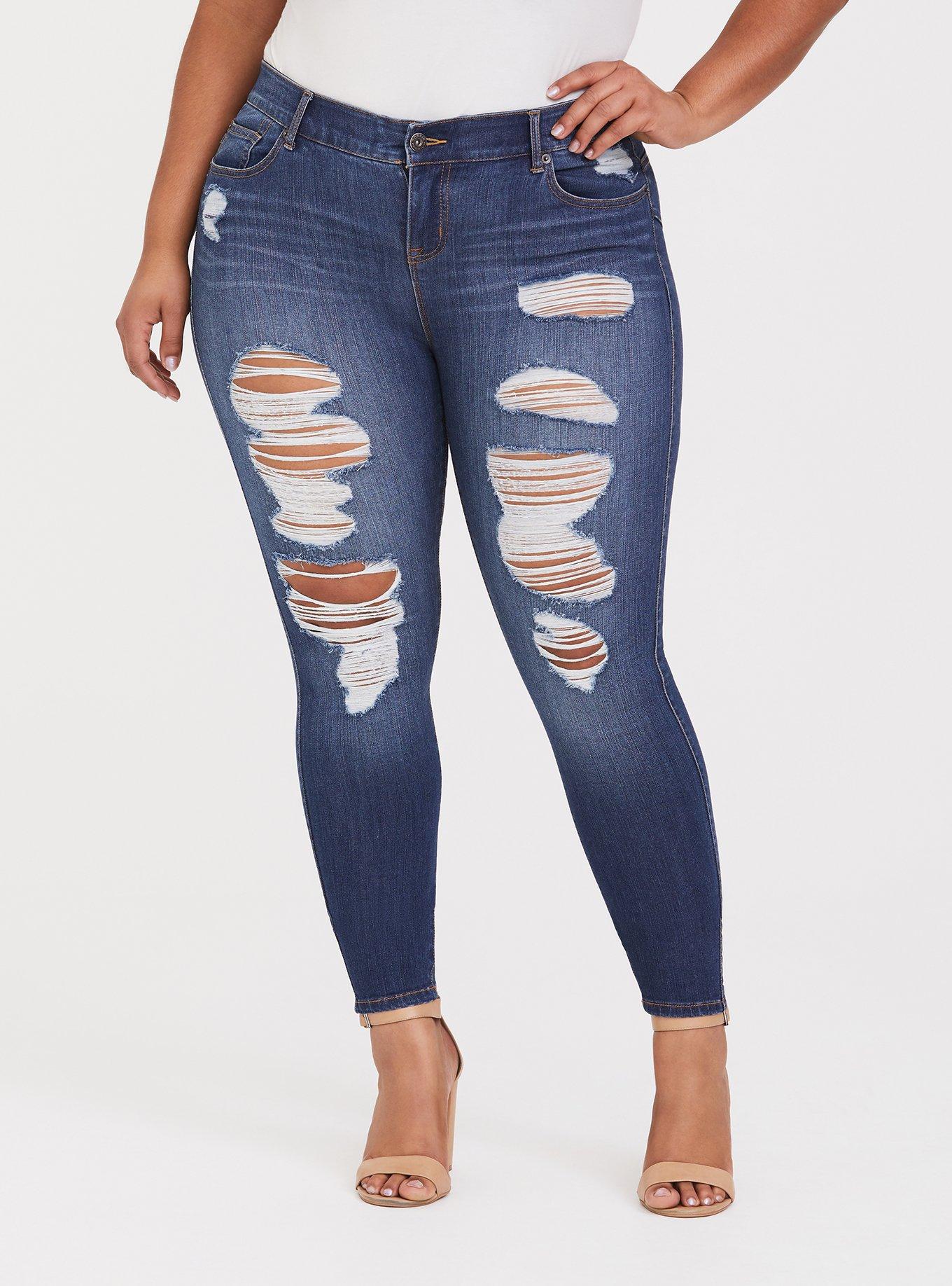 Plus Size Casual Jeans, Women's Plus Ripped Tie Elastic Waist High Stretch  Skinny Denim Pants