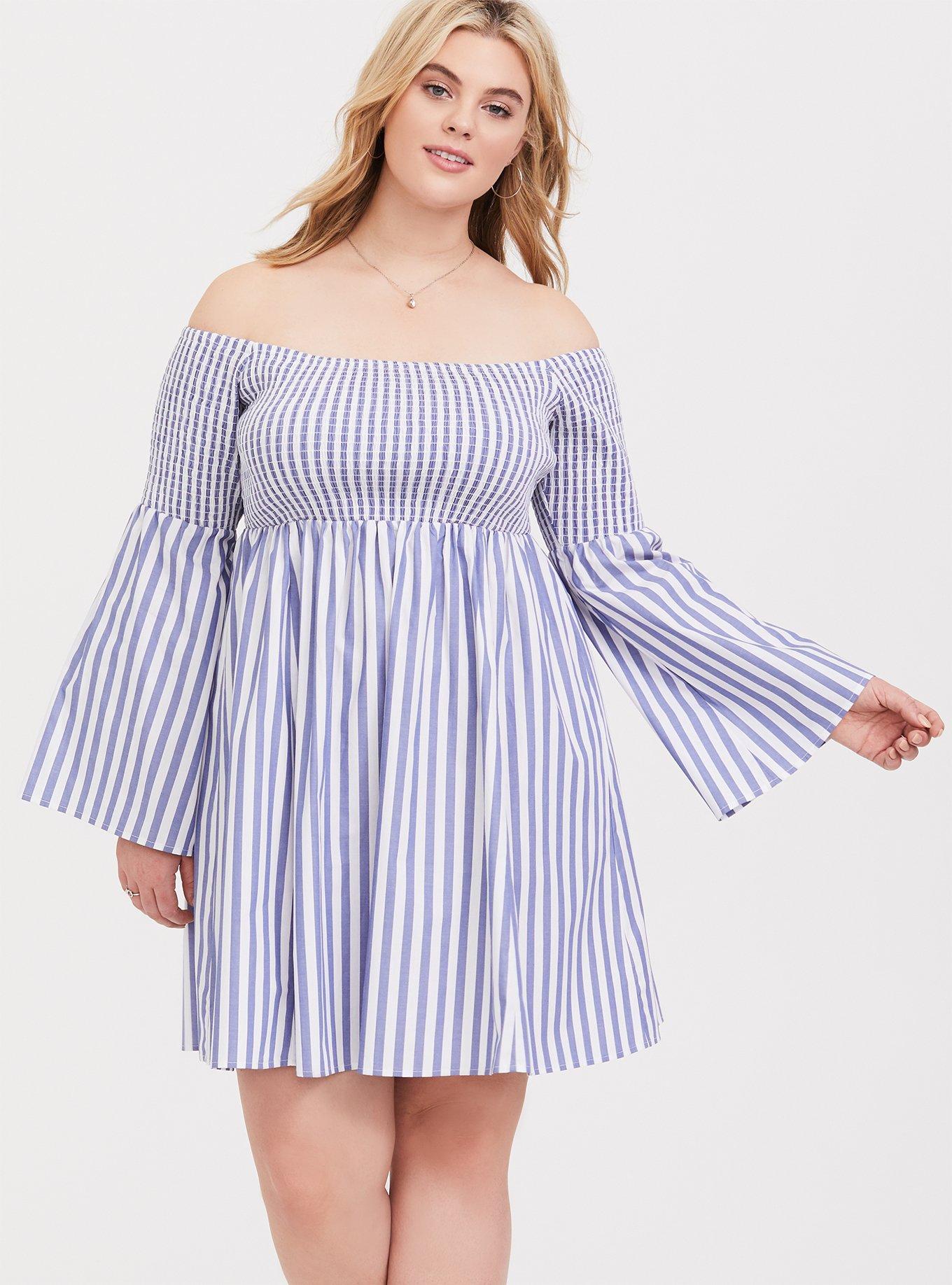 Plus Size - Blue Stripe Smocked Skater Dress - Torrid