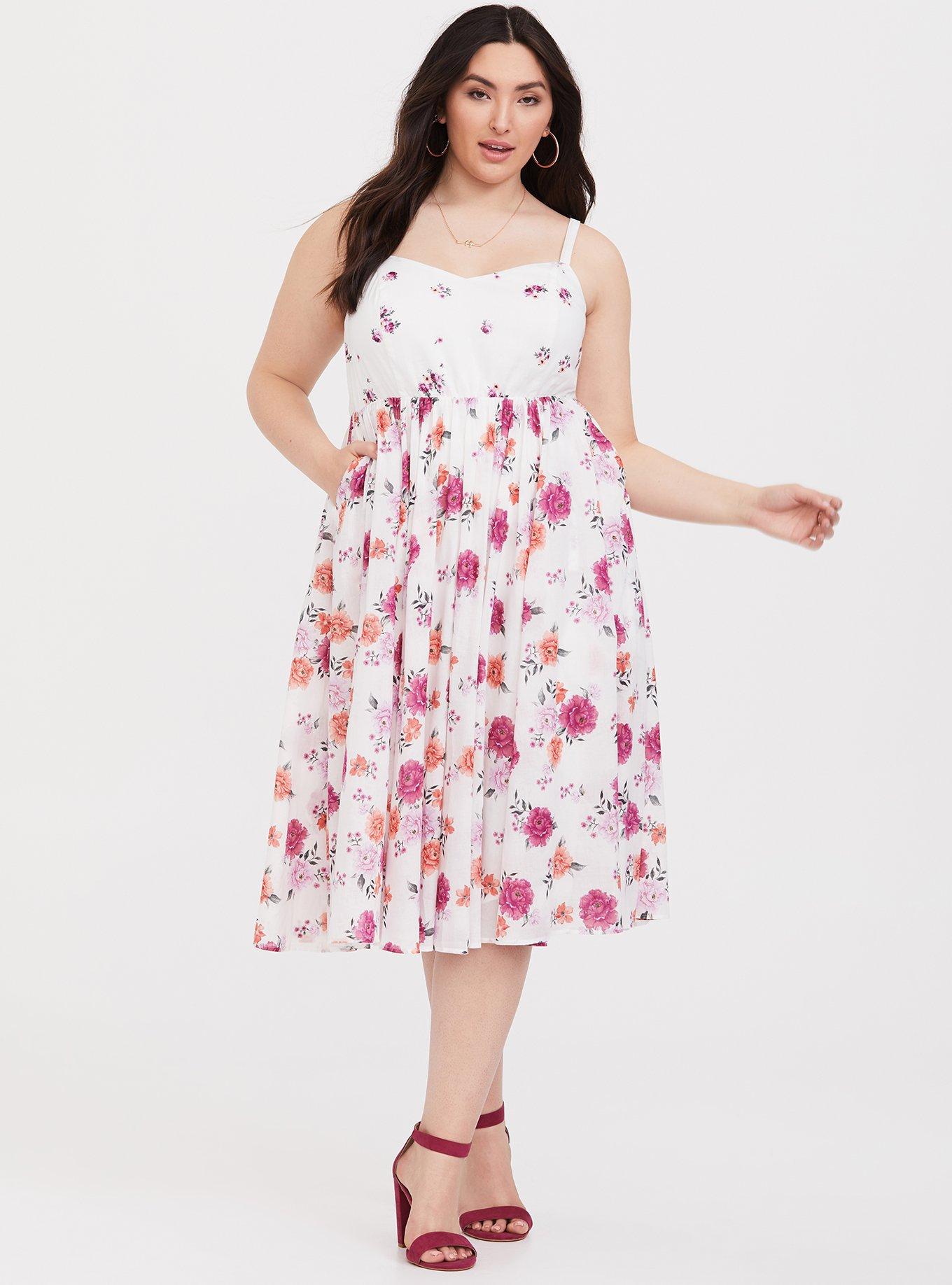 Plus Size White Floral Challis Midi Dress, BREAK TIME BLOOMS, hi-res