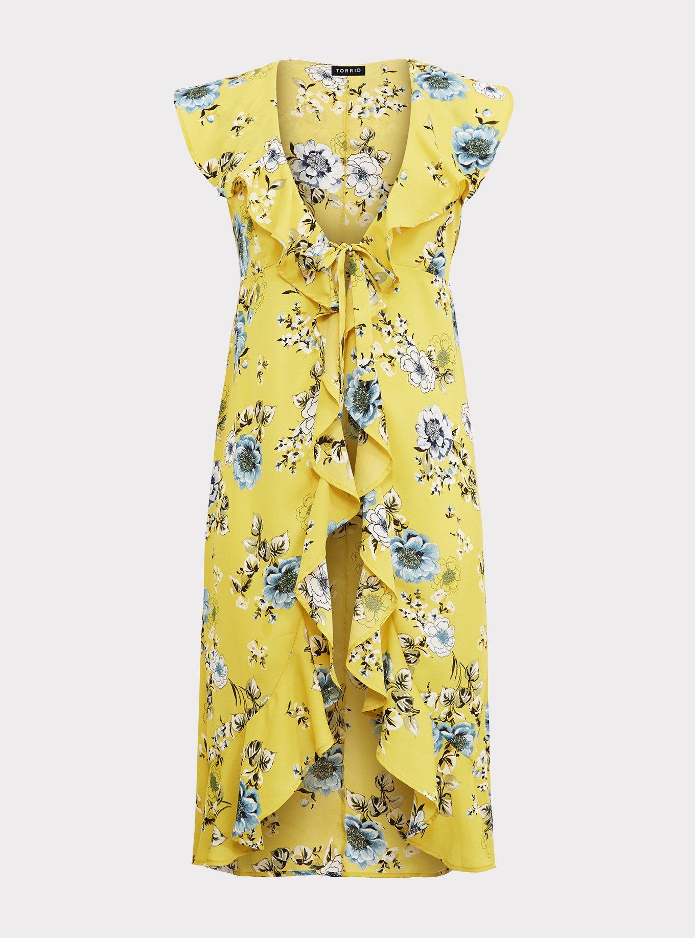 Yellow Floral Ruffle Chiffon Duster, OTHER PRINTS, hi-res