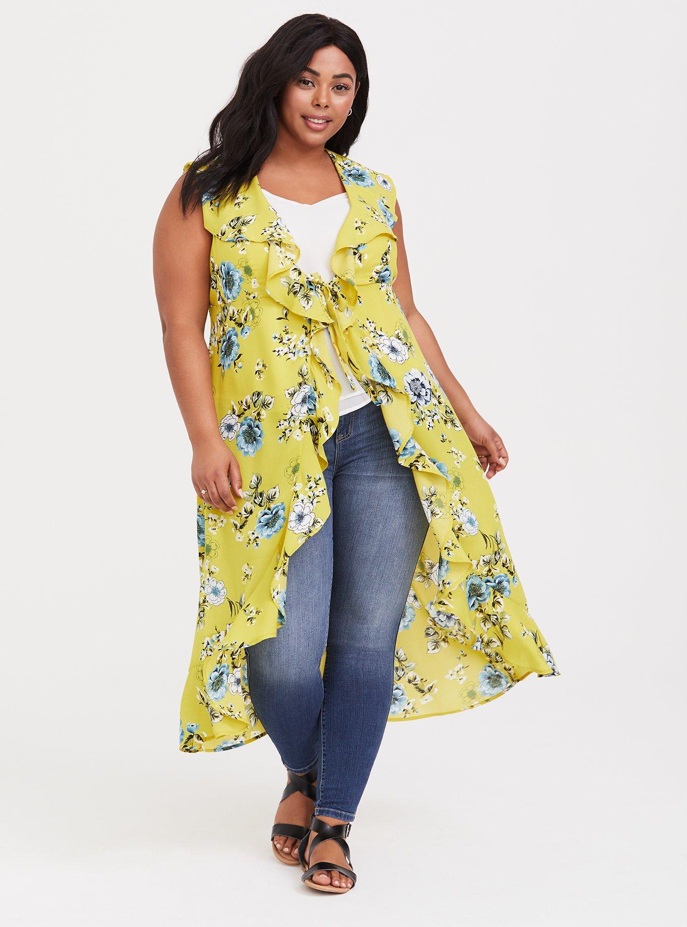 Yellow Floral Ruffle Chiffon Duster, OTHER PRINTS, hi-res