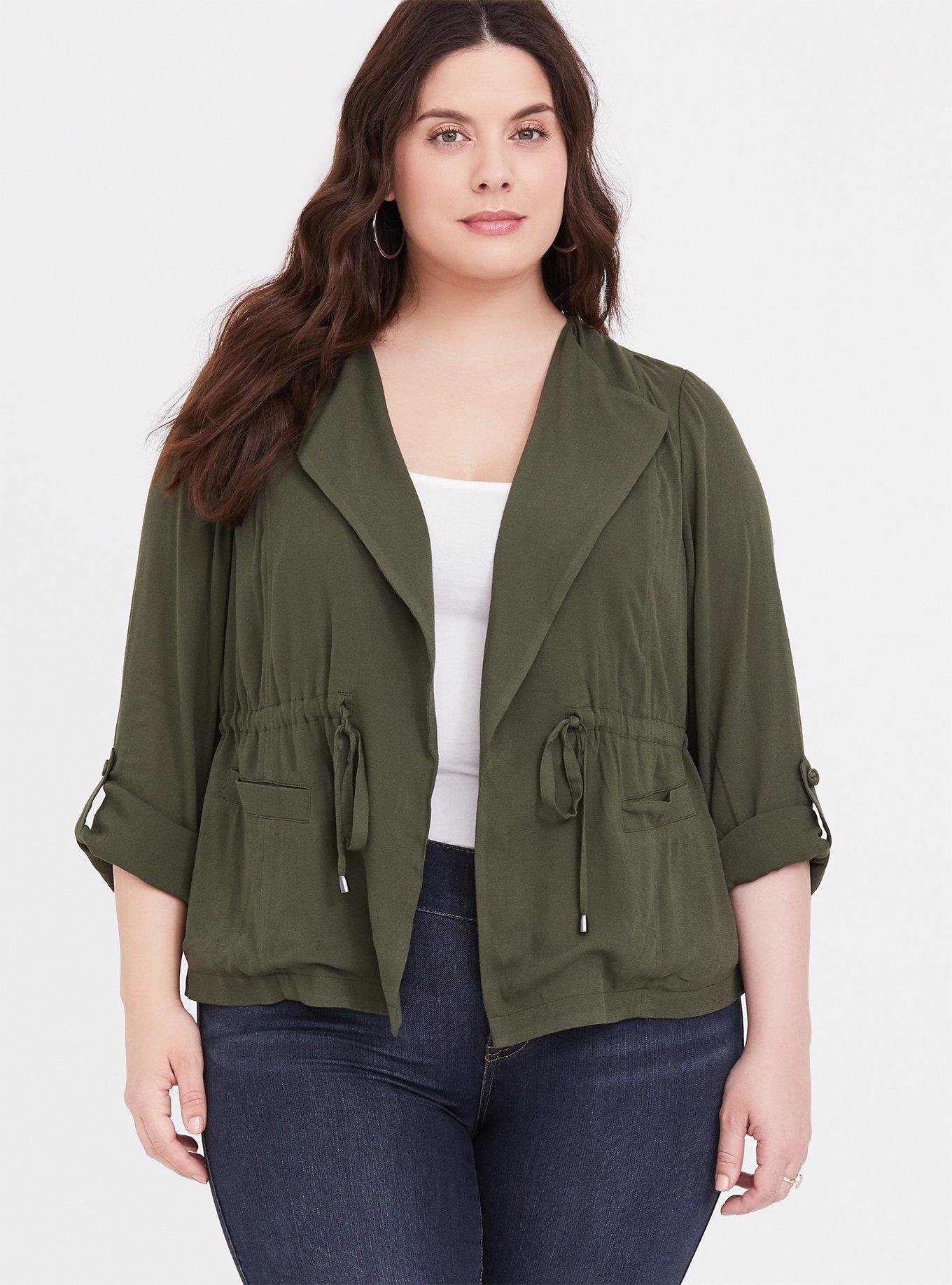 Plus Size Olive Green Drape Anorak, , hi-res