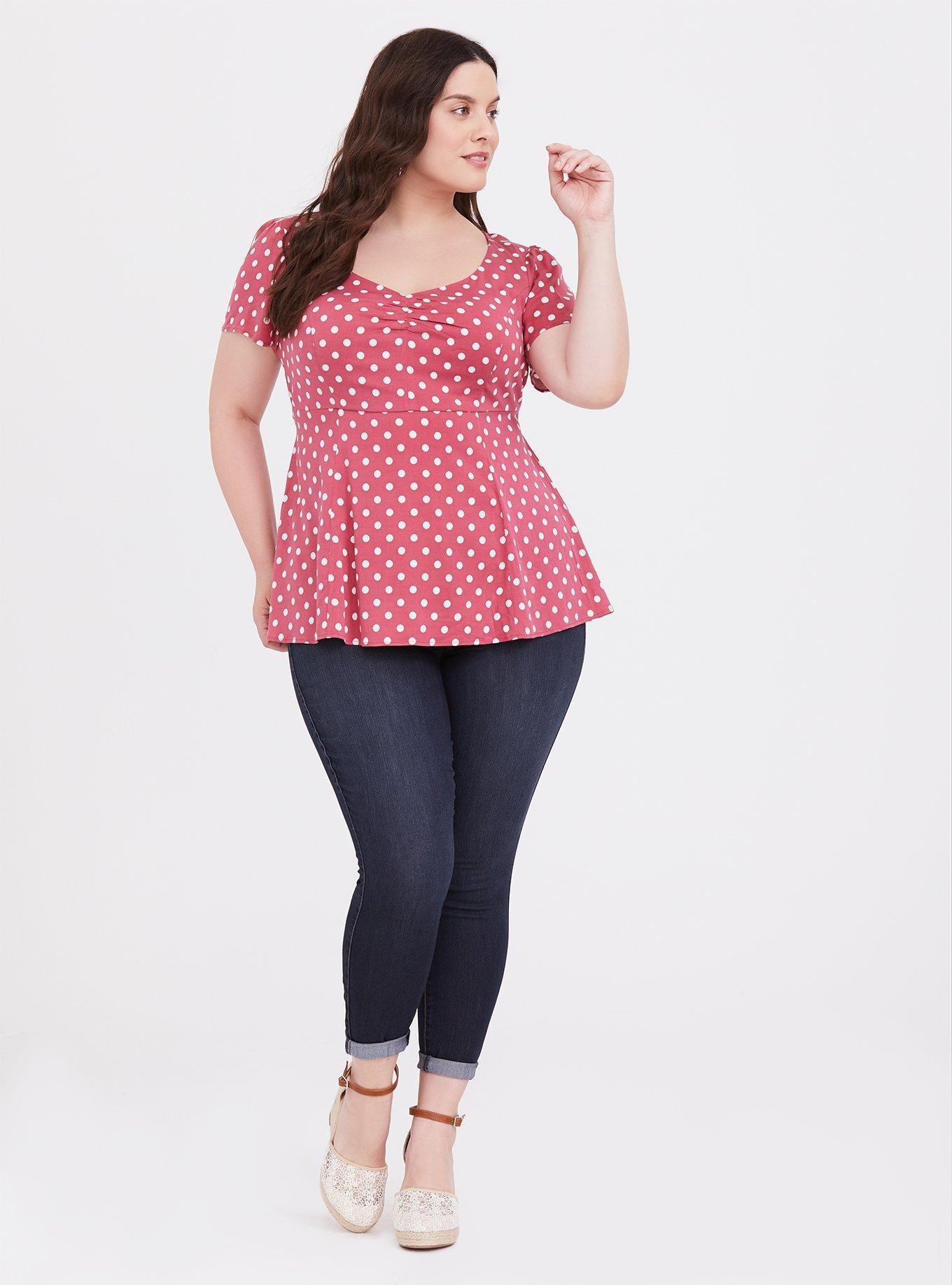 Plus Size - Red Polka Dot Stretch Challis Off Shoulder Blouse - Torrid