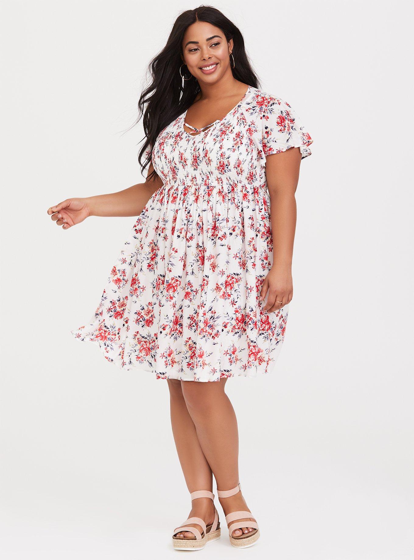 Plus Size - Ivory & Red Floral Smocked Challis Skater Dress - Torrid