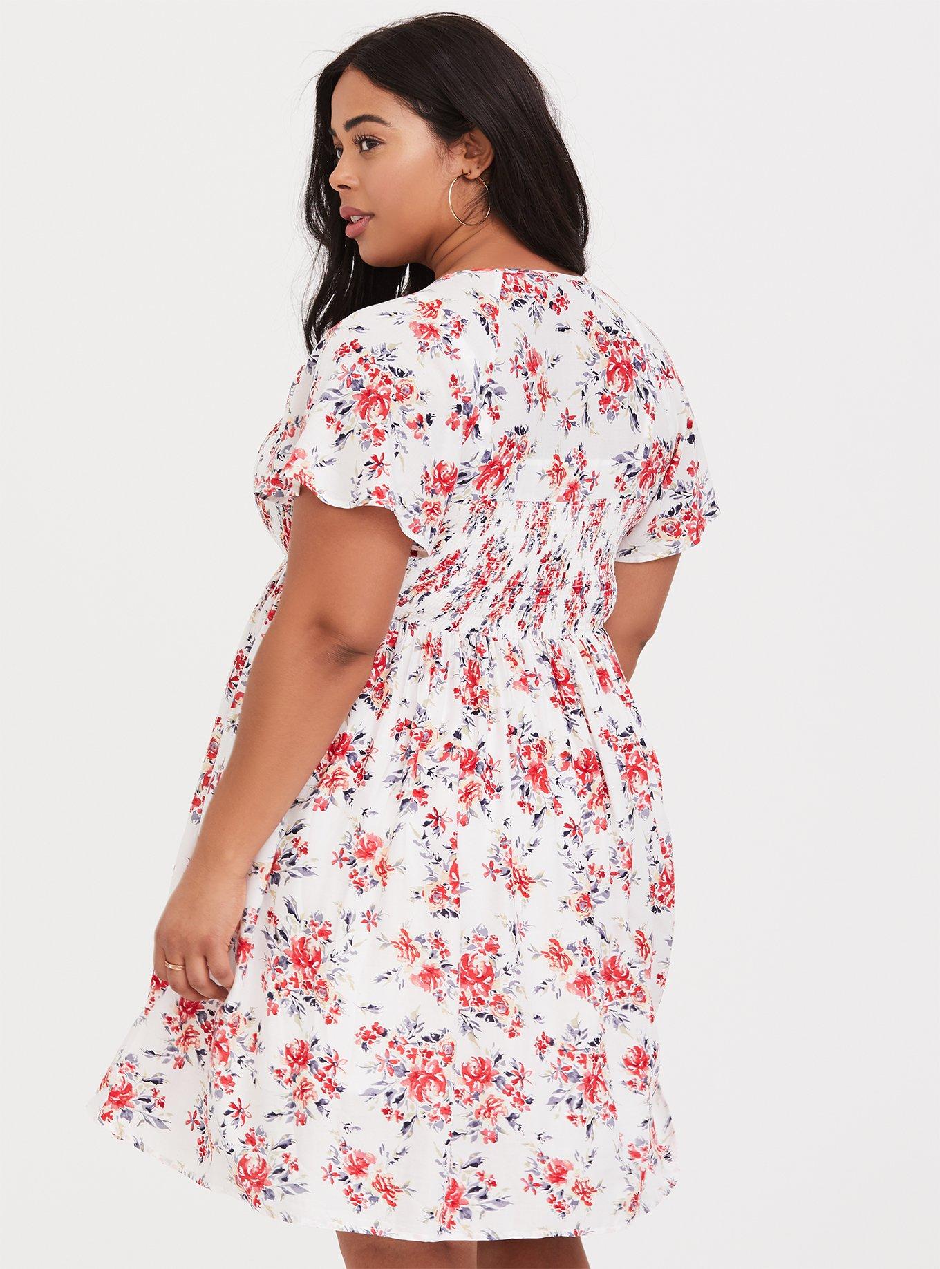 Plus Size Ivory Red Floral Smocked Challis Skater Dress Torrid