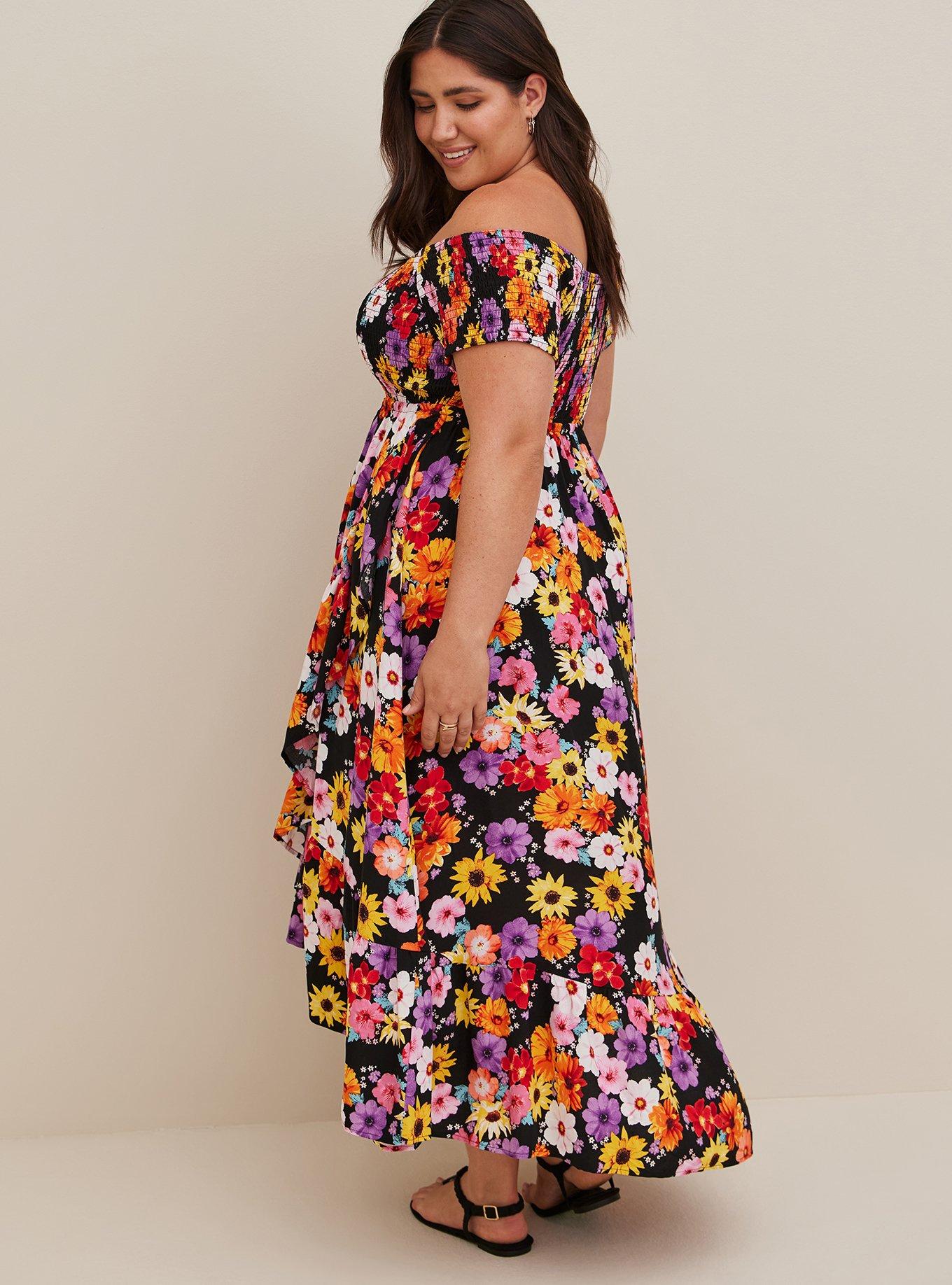 Torrid Maxi Challis Off Shoulder Tulip Hi-Lo Hawaiian Print Dress