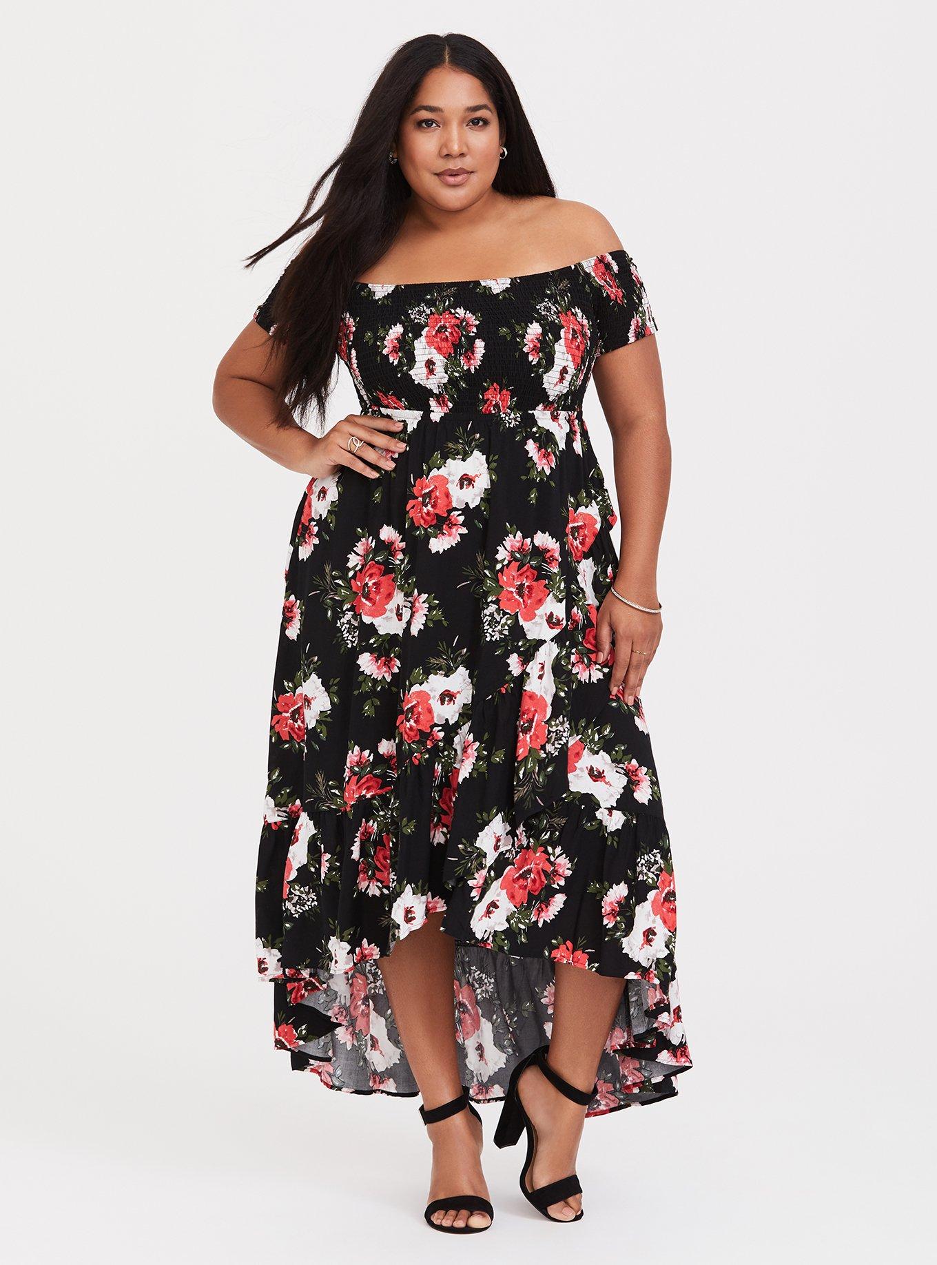 Womens Torrid Black Floral Challis Tie Strap Smocked Midi Dress 0