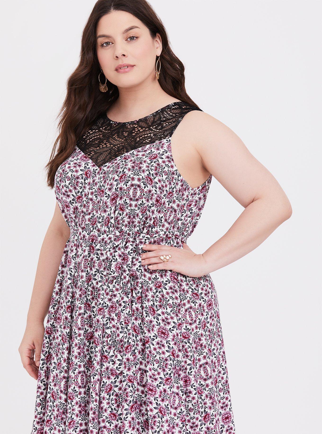 Plus Size - Pink Floral Mixed Print Lace Yoke Challis Maxi Dress - Torrid