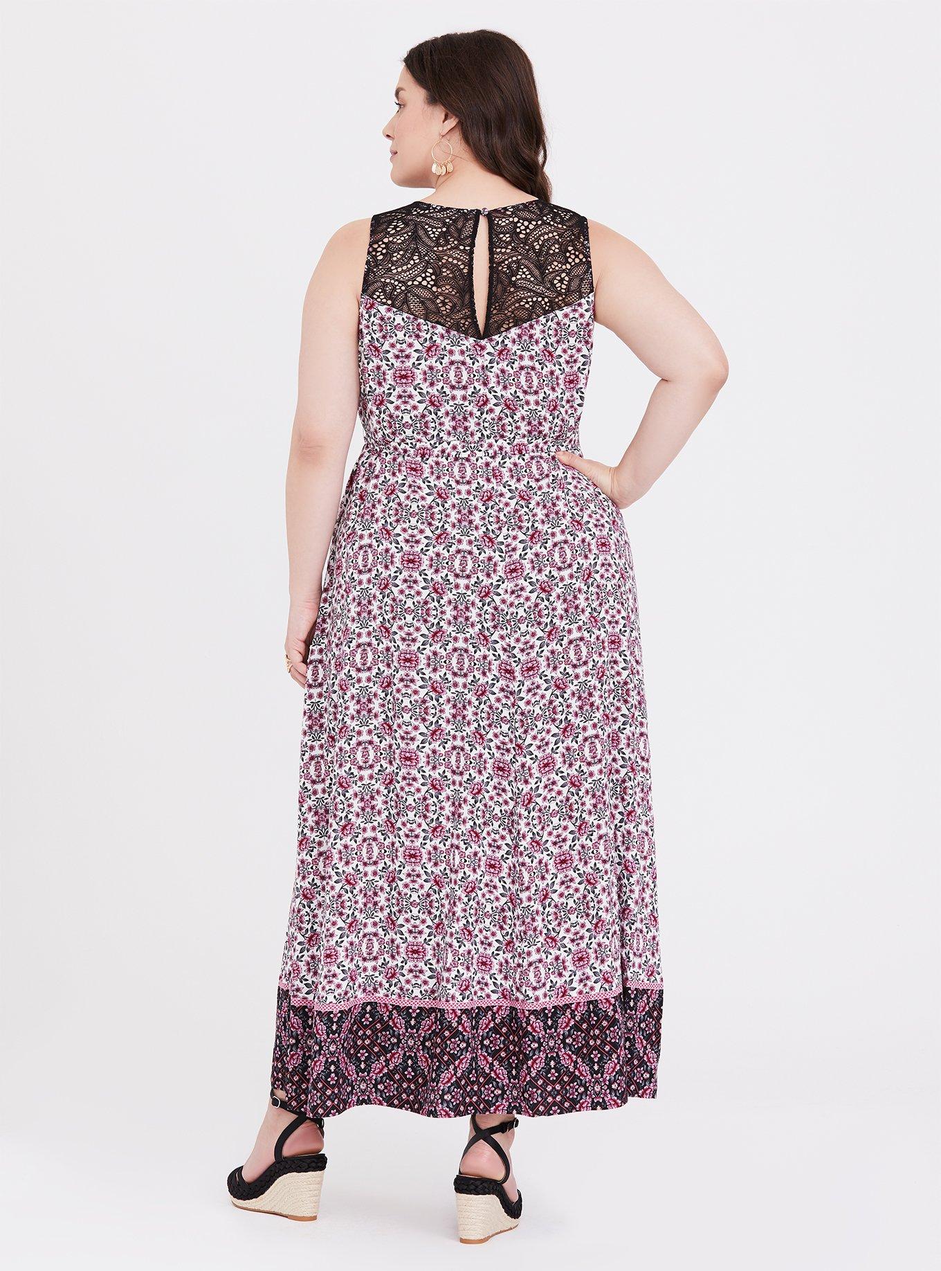 Plus Size - Pink Floral Mixed Print Lace Yoke Challis Maxi Dress - Torrid