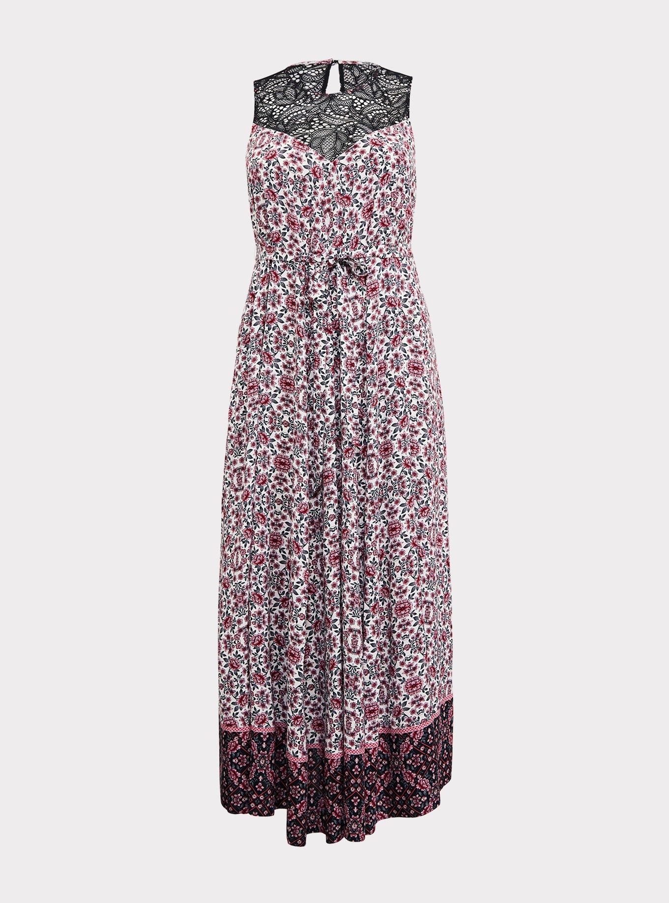 Plus Size - Pink Floral Mixed Print Lace Yoke Challis Maxi Dress - Torrid