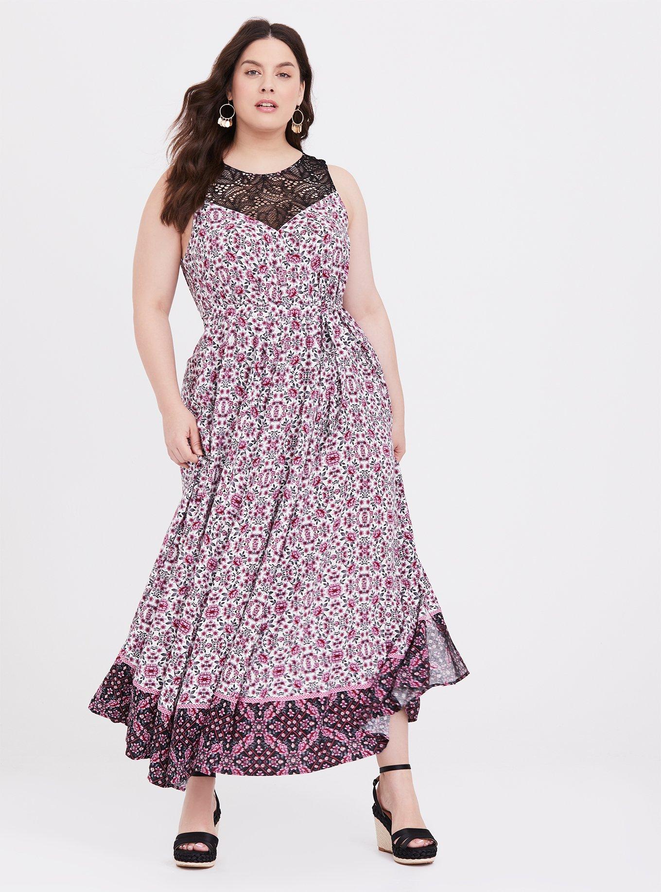 Plus Size - Pink Floral Mixed Print Lace Yoke Challis Maxi Dress - Torrid