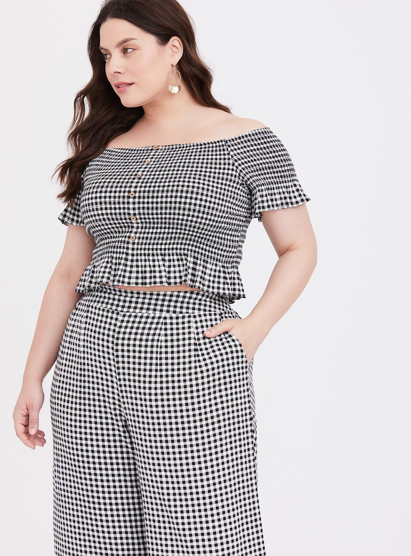 Plus Size Black & White Gingham 2-Piece Culotte Set, GINGHAM WHITE BLACK, alternate